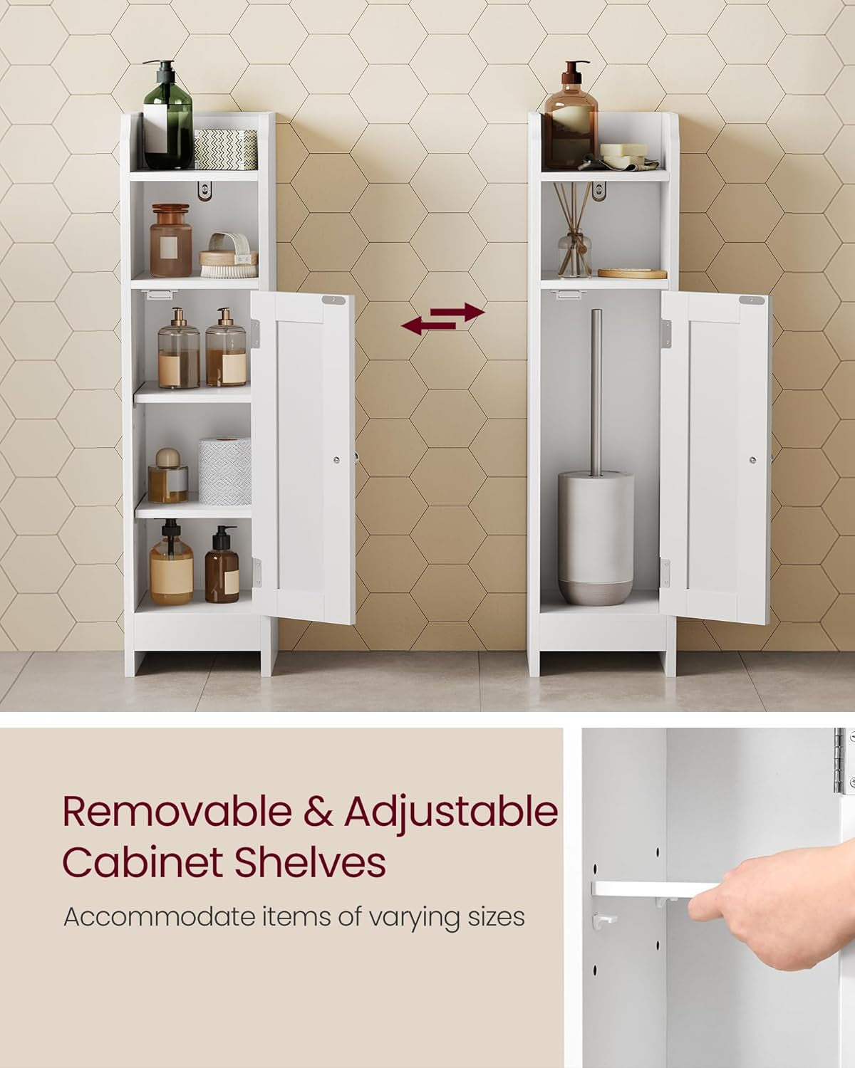 Small Storage Corner Floor Cabinet with Door, 7.9 X 7.1 X 31.5 Inches, Narrow Toilet Paper Storage Holder, Adjustable Shelves, for Bathroom, Living Room, Small Spaces, Cloud White UBBC310W01