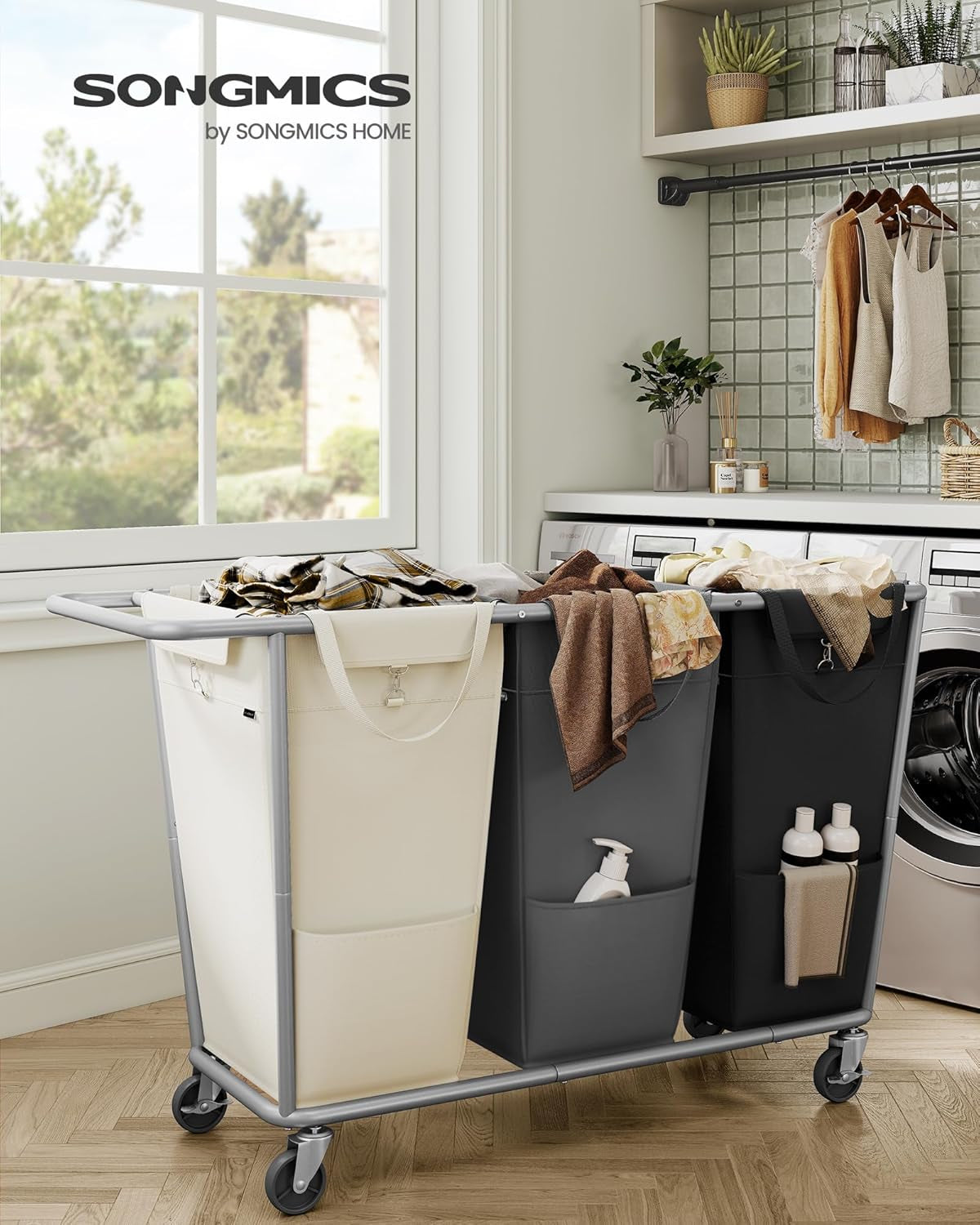 Laundry Basket with Wheels, 76.6 Gallons (290 L), 3-Section Rolling Laundry Hamper with Removable Bags, Heavy-Duty Steel Frame with Handle, Cream White, Dark Gray and Ink Black URLS010X01