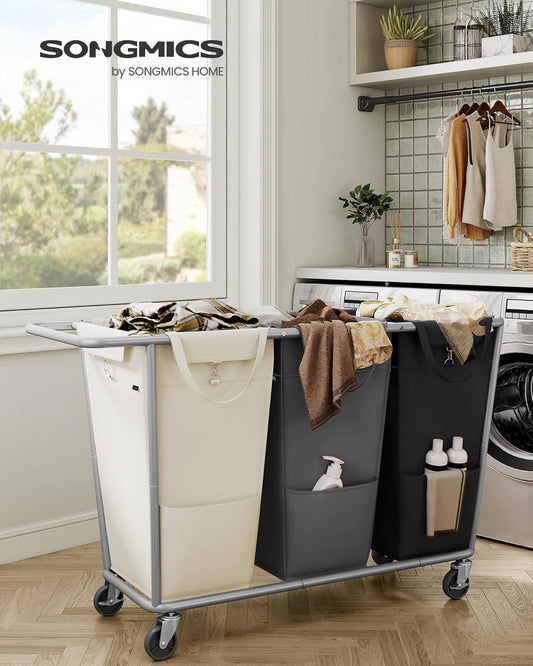 Laundry Basket with Wheels, 76.6 Gallons (290 L), 3-Section Rolling Laundry Hamper with Removable Bags, Heavy-Duty Steel Frame with Handle, Cream White, Dark Gray and Ink Black URLS010X01