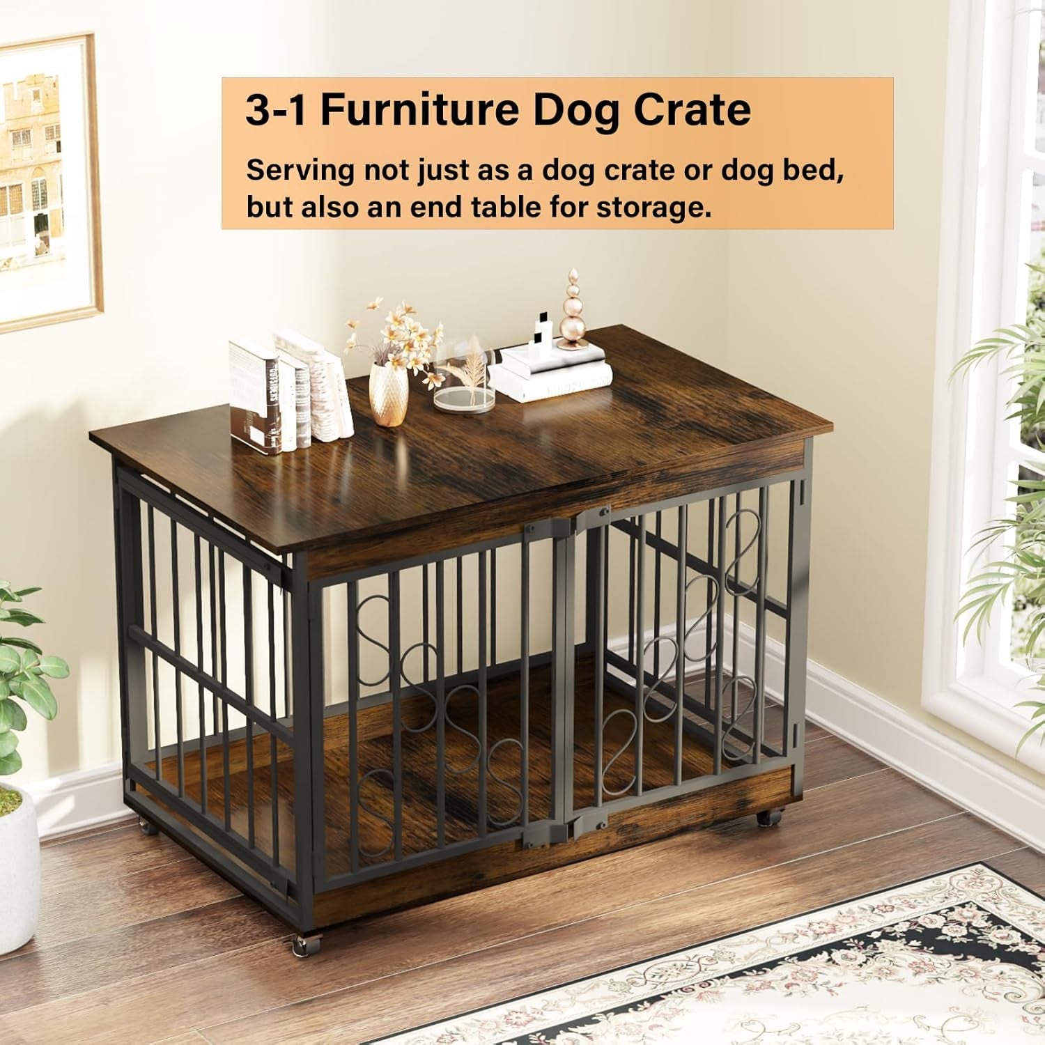 Dog Crate Furniture, 48 Inch Dog Crates for Medium/Large Breed, Farmhouse Wood Metal Kennel Indoor Heavy Duty Pet Cage with Caster Wheels (Brown)