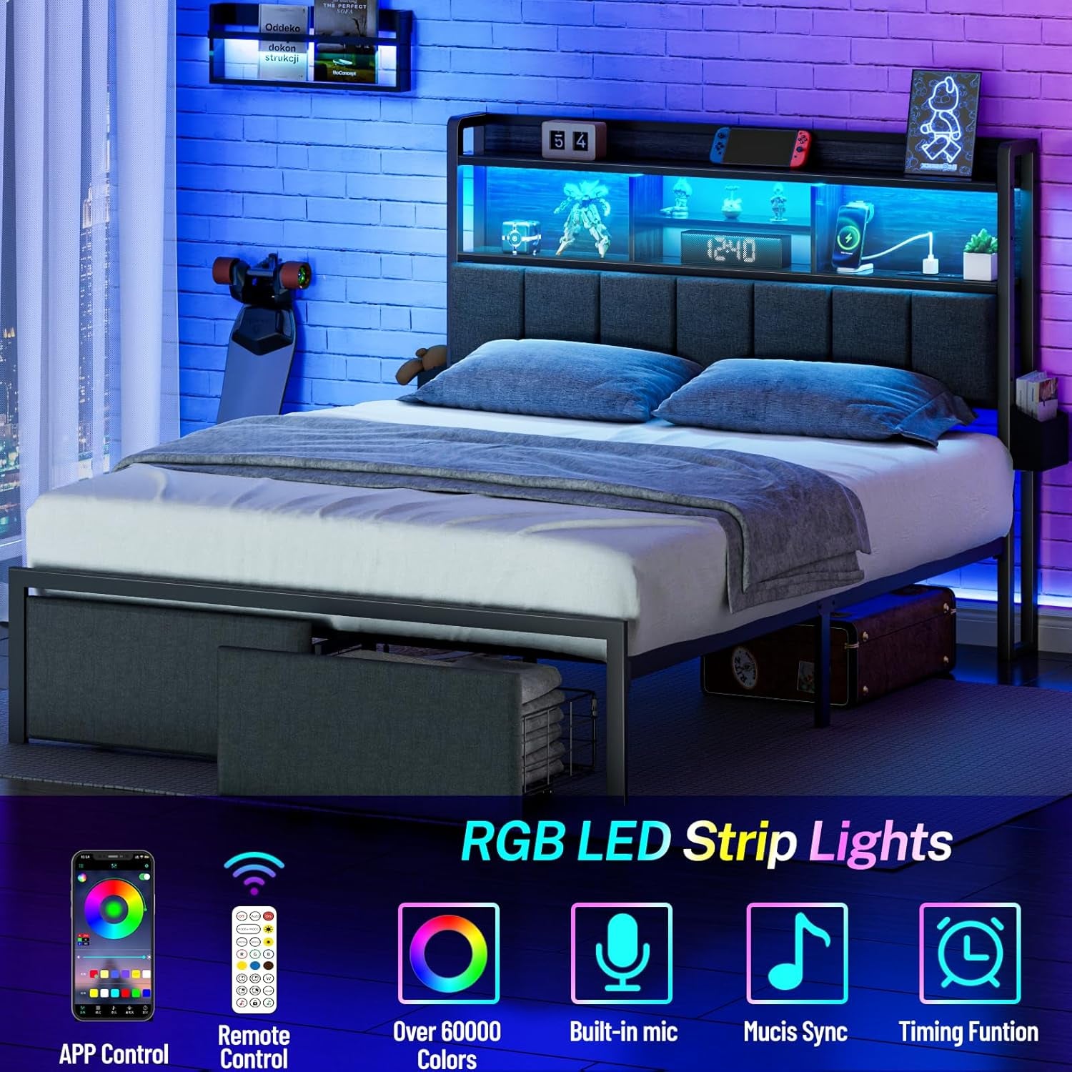 Queen Bed Frame with Storage Drawers, Upholstered Headboard with Storage Shelf, LED Lights and Charging Station, Metal Platform Bed Frame Queen Size, Noise Free, No Box Spring Needed, Black