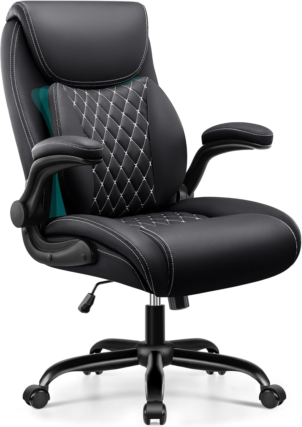 Office Chair,Ergonomic Office Chair with Lumbar Support for Lower Back Pain Relief, Executive Leather Chair with Padded Flip-Up Arms, Wheels and Adjustable Armrests, Black