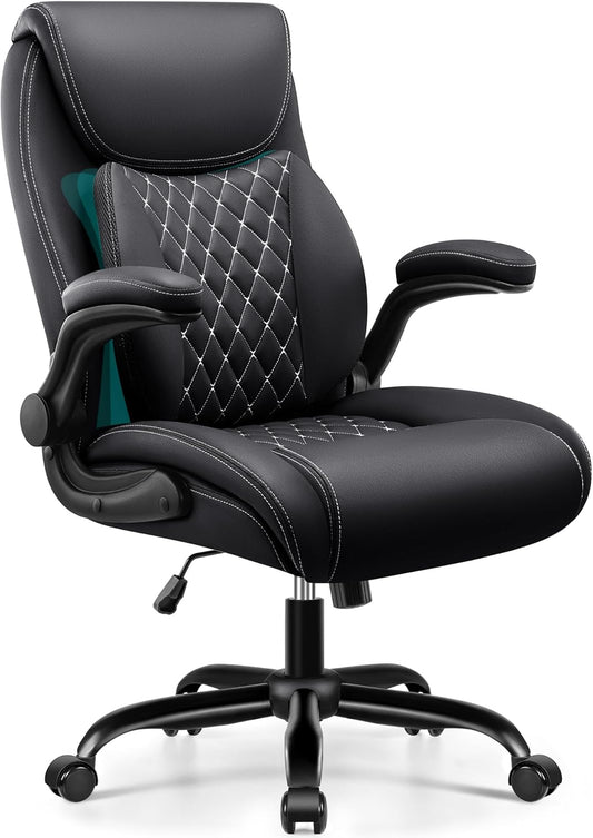 Office Chair,Ergonomic Office Chair with Lumbar Support for Lower Back Pain Relief, Executive Leather Chair with Padded Flip-Up Arms, Wheels and Adjustable Armrests, Black