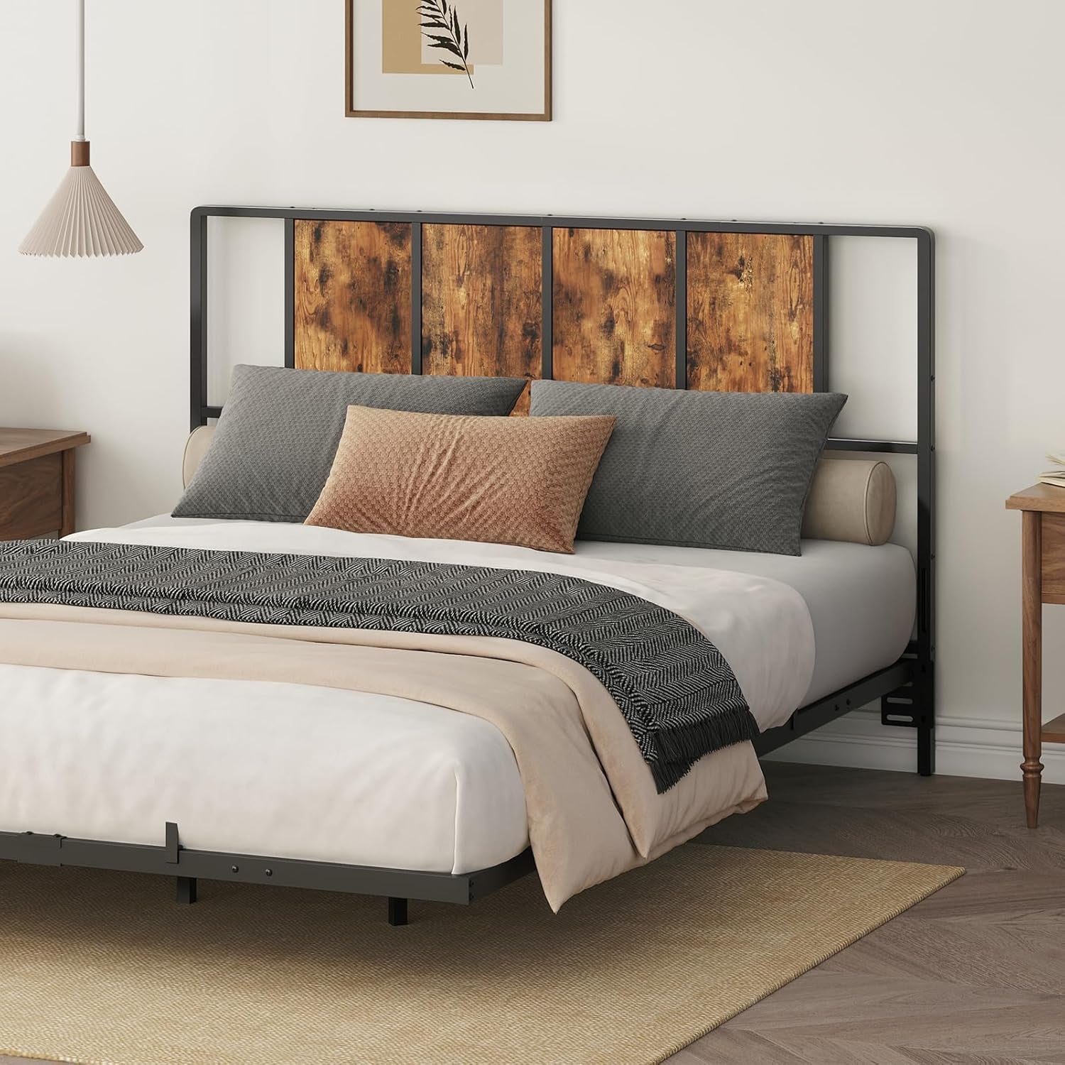 Queen Size Headboard Only, Metal Headboard with Adapters, Minimalist Industrial Style for Queen Size Beds, Rustic Brown and Black