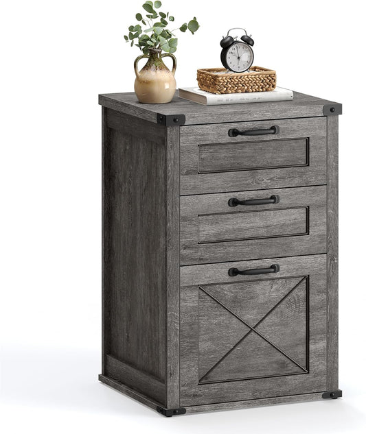 File Cabinet, Filing Cabinet with 3 Drawers, Printer Stand, Fit A4, Letter Size, Hanging File Folders, Modern Farmhouse Style, for Home Office, Misty Gray UOFC054G01