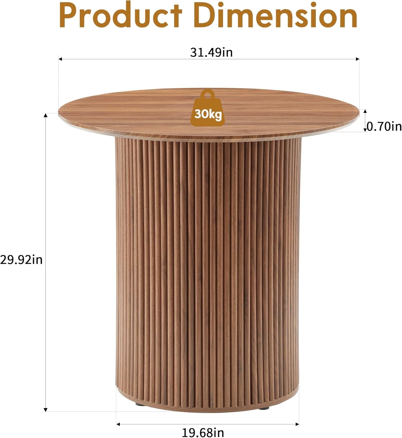 31.5" round Dining Table for 2 People, Small Kitchen Dinner Table with Fluted Wood Base, Farmhouse Circle Dining Tables for Home, Kitchen, Dining Room, Living Room (Walnut)