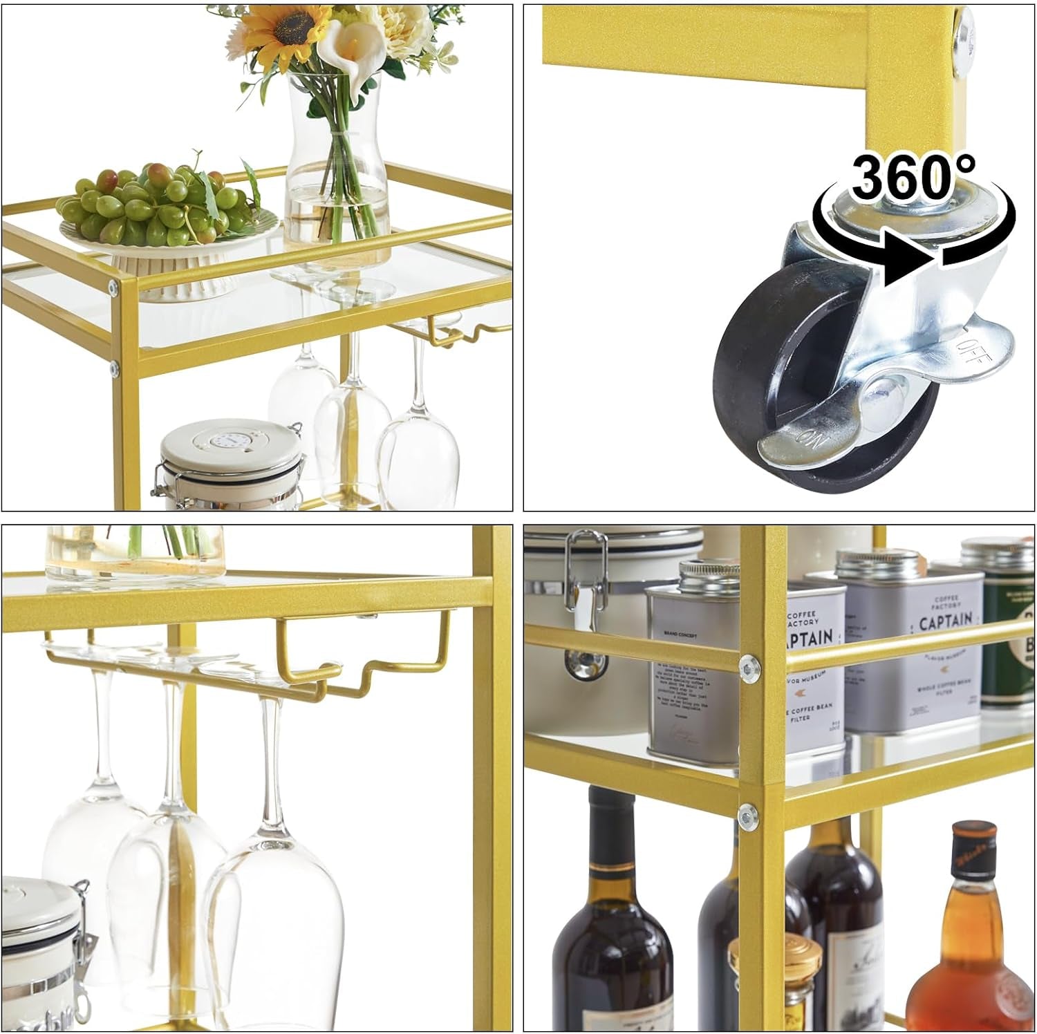 Home Bar Serving Cart,Small Bar Cart with 3-Tier Glass Shelf, Mobile Drink Shelf with Wine Holders and Glass Holders,Mini Bar for Outdoor, Small Space, Kitchen Gold TMJ519G