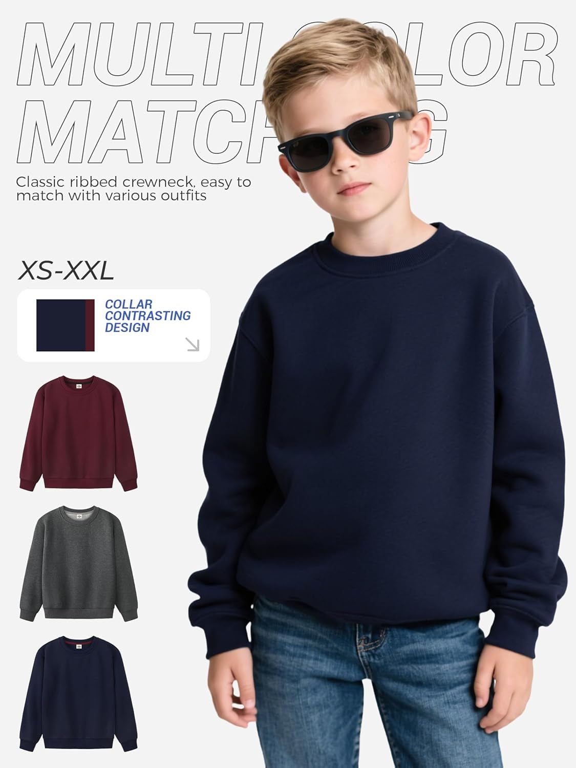 3 Pack Boys Sweatshirts Fleece Cotton Boys Long Sleeve Shirts Crewneck Kids Sweatshirts Soft Pullover Tops for Kids