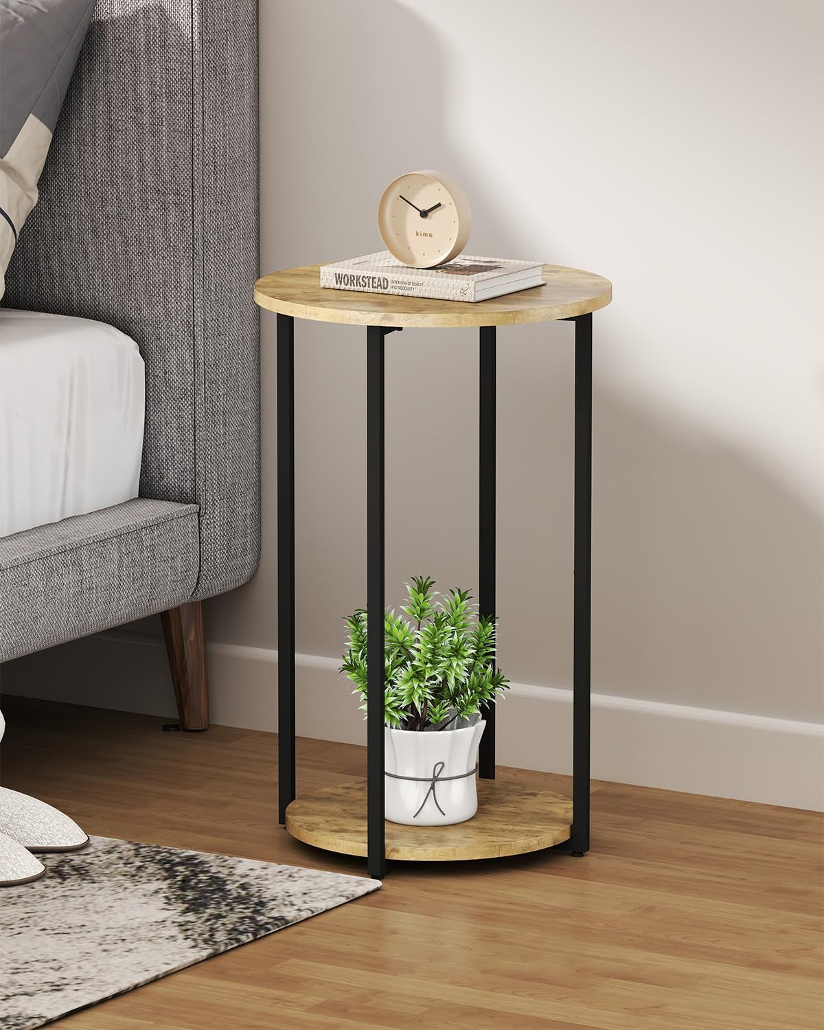 Round Side Table, Small End Table with Storage Shelf, Circle Table for Living Room, Bedroom and Small Spaces, Metal Frame, Greige