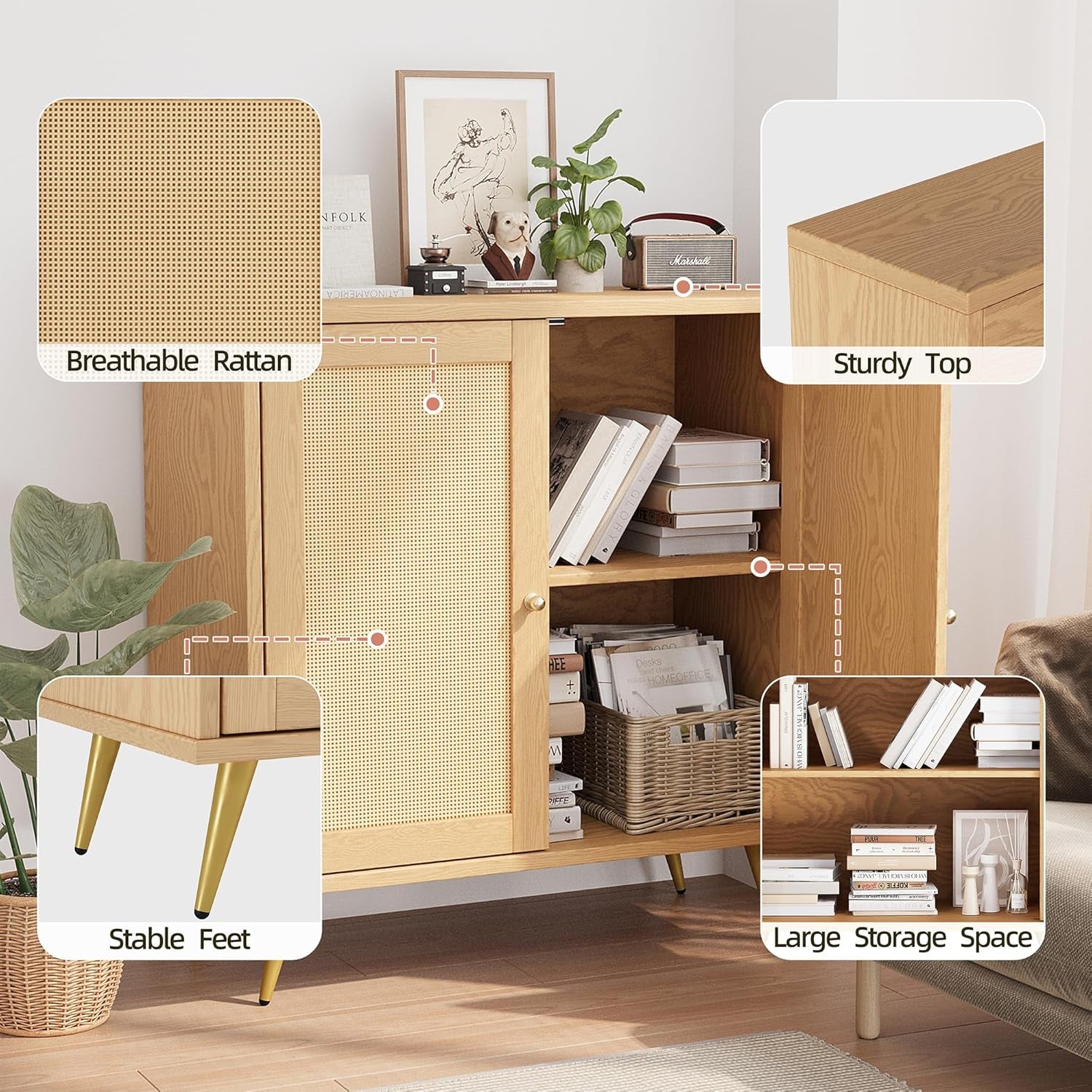 Rattan Buffet Cabinet with Storage, Sideboard Buffet Cabinet with Rattan Decor Doors, Modern Wood Cupboard for Kitchen Living Room Dining Room Hallway Entry, Natural