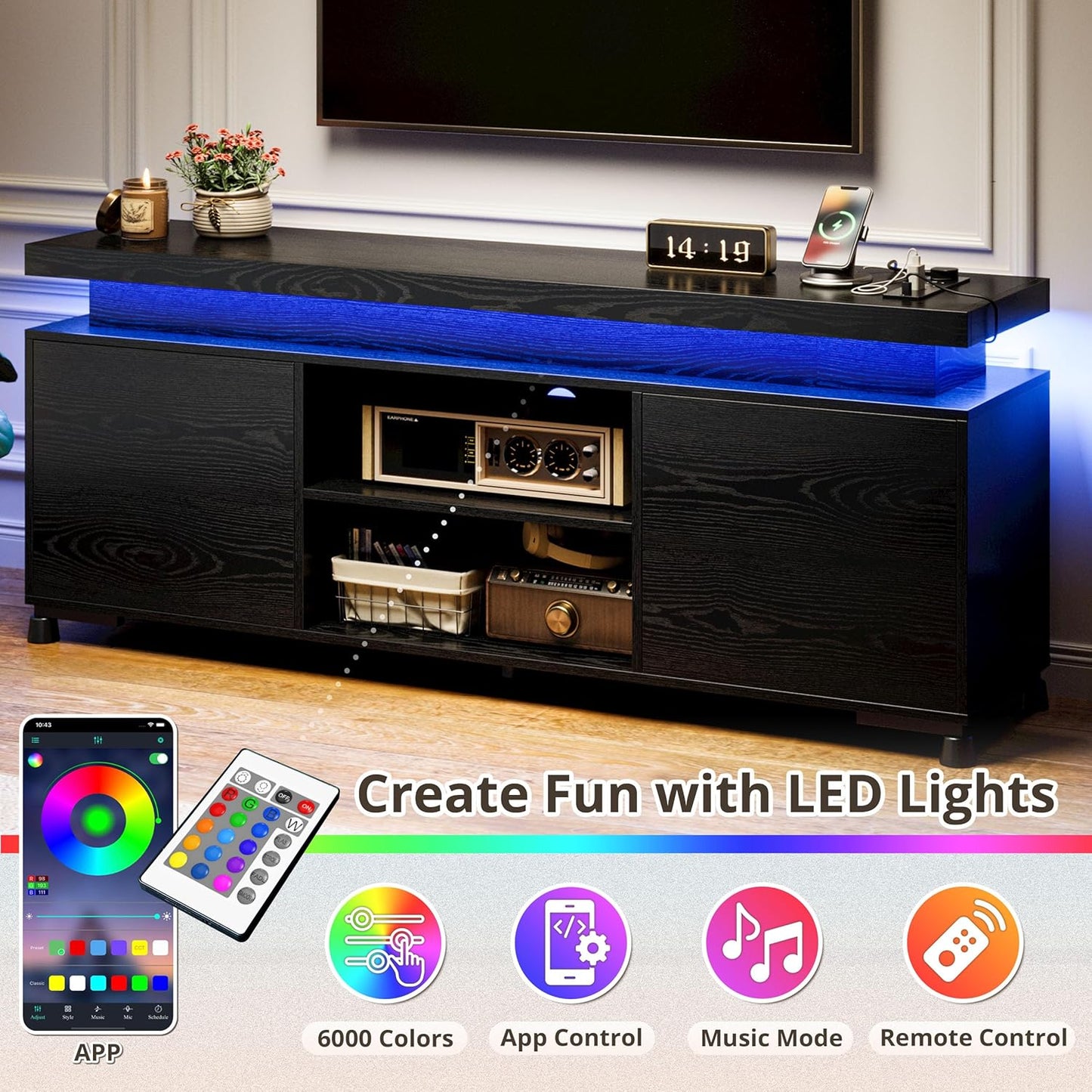 TV Stands for Tvs 65+ Inch with LED Lights and Power Outlet, Modern TV Console Entertainment Center with Storage Cabinet for Living Room