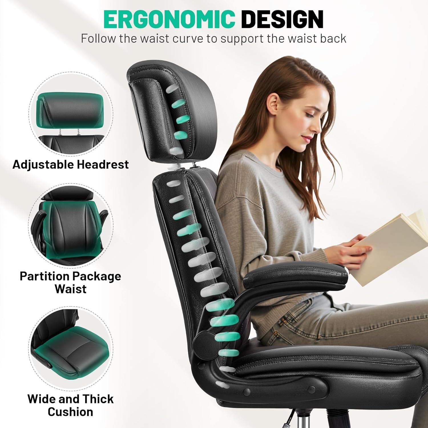 Office Chair, Ergonomic Desk Chair, Executive Leather Office Chairs with Lumbar Support, Adjustable Headrest & Armrests, Big and Tall Computer Chair, PC Chair with Rocking Function
