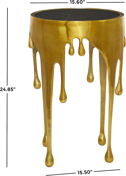 Aluminum Metal Abstract Melting Drip Accent Table with Melting Design and Shaded Glass Top, 16' X 16' X 25', Gold