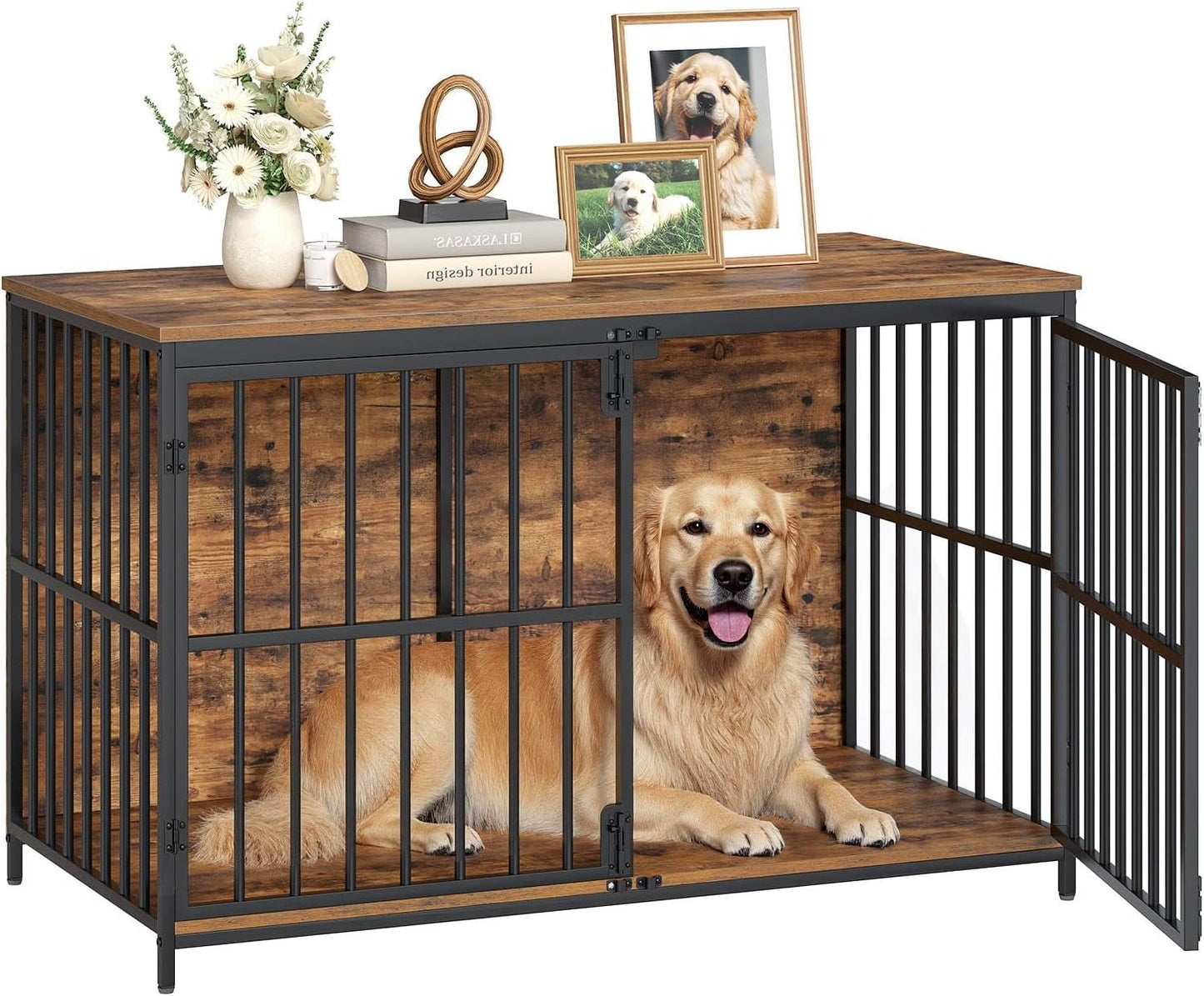 46.5" Large Dog Crate Furniture, Wooden Dog Kennel Indoor, Heavy Duty Dog Cage for Large/Medium Dog, Decorative Side End Table, Rustic Brown and Black BF120GW03