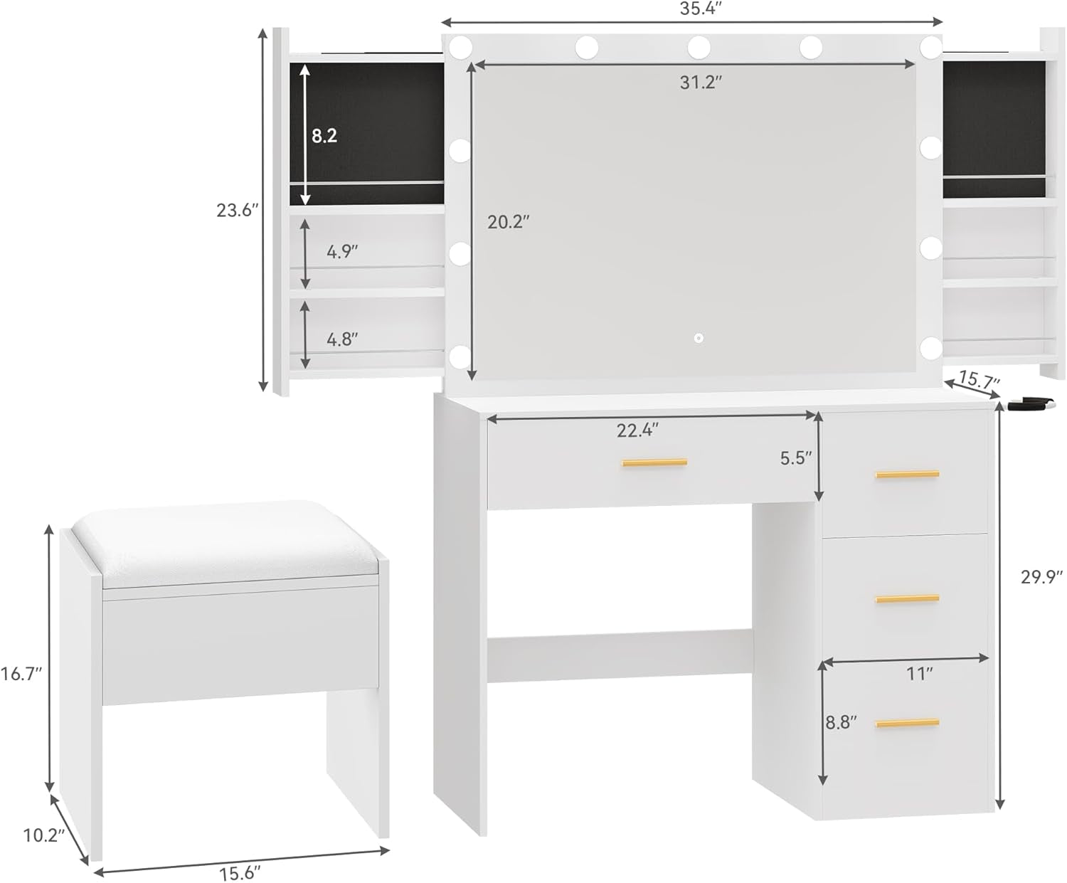 Makeup Vanity Table with Lighted Mirror, Cushioned Stool, 4 Storage Drawers & Hidden Jewelry Organizer, 3-Mode LED Lighting