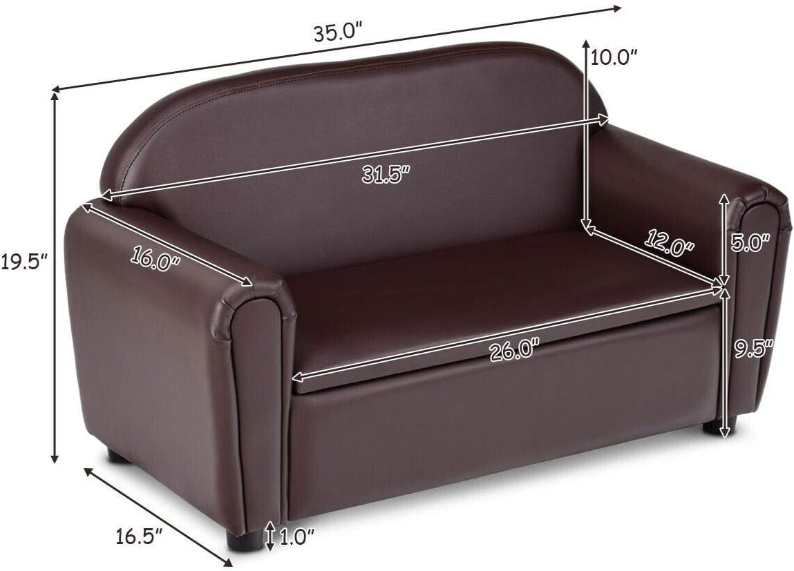 Kids Couch, 2 in 1 Double Seat Children'S Sofa W/Under Seat Storage, PU Leather Surface, Toddler Armrest Chair, Kids Room, Soft Sofa with Storage for Preschool Baby Boys Girls Gifts