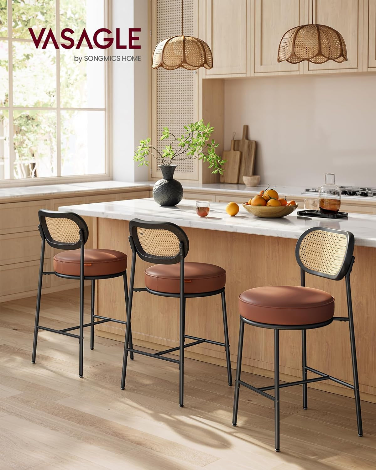Bar Stools Set of 2, Bar Height Stools with Rattan Back and Metal Legs, 25.1-Inch Tall Counter Chairs, Modern Leather Upholstered Barstools for Kitchen Island Dining Room, Caramel Brown