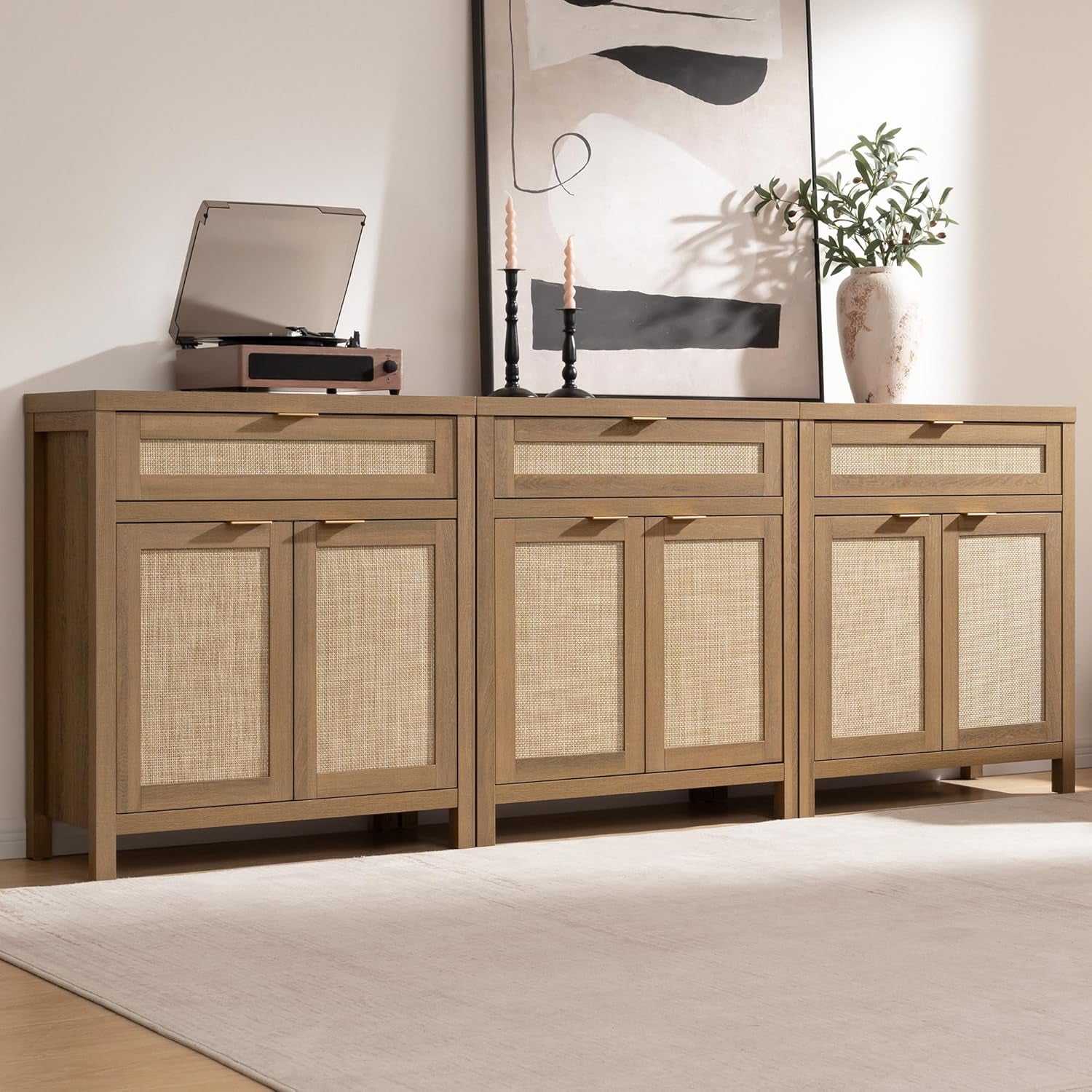 Buffet Cabinet Sideboard with Storage, Rattan Accent Cabinet with Doors Drawer, Boho Credenzas Farmhouse Buffet Table Console Coffee Bar Cabinets for Entryway Living Room, Natural Oak