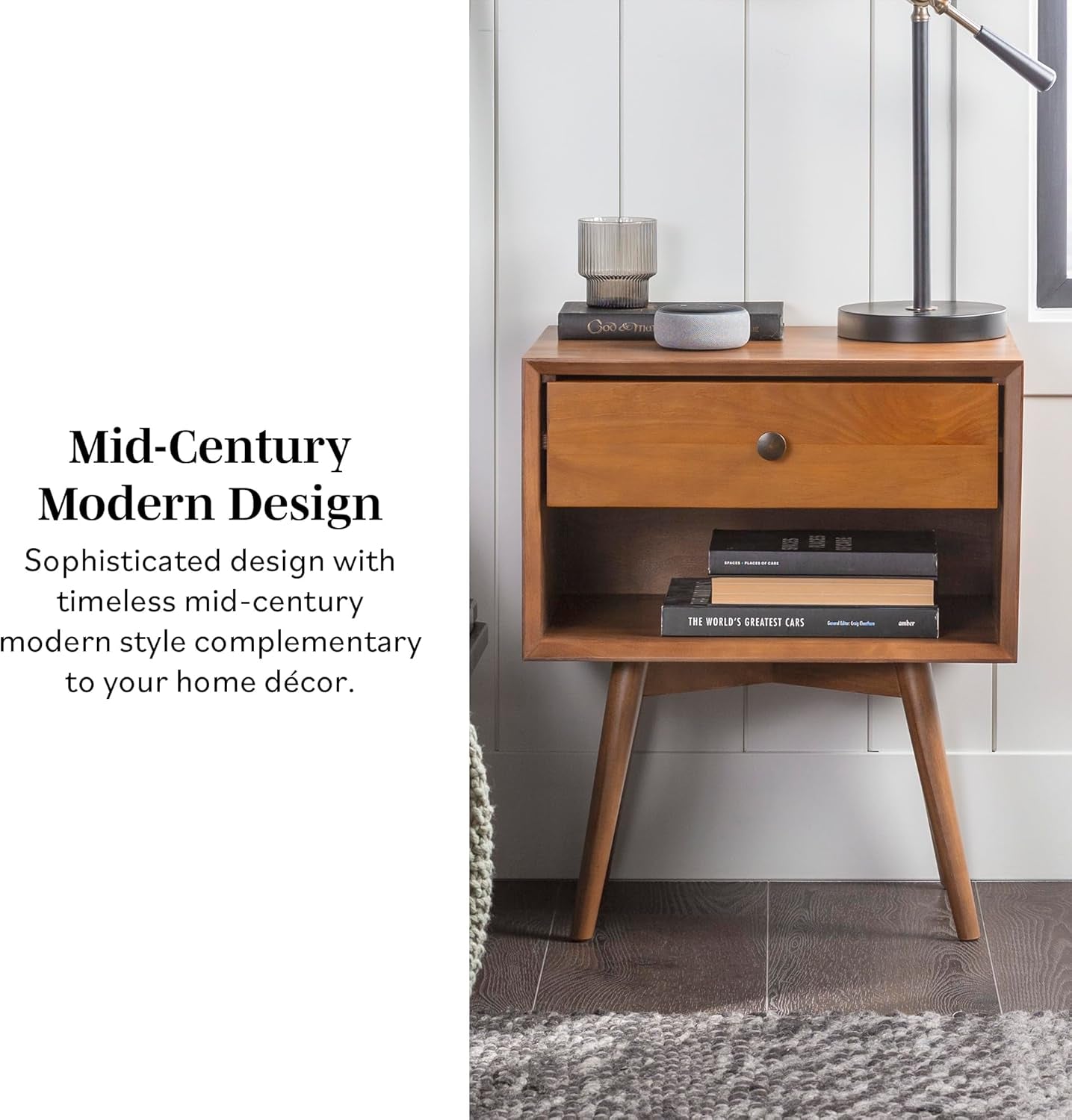 Mid Century Modern Wood Nightstand Side Table Bedroom Storage Drawer and Shelf Bedside End Table, 1 Drawer, Caramel