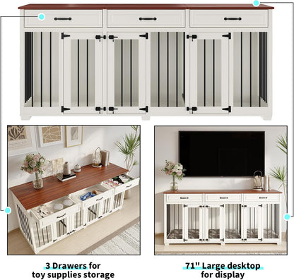 Dog Crate Furniture - Indoor Wooden Dog Kennel Furniture with 2 Dividers, 3 Drawers, and 3 Lockable Doors - 72"X23.6"X31.5"H, White
