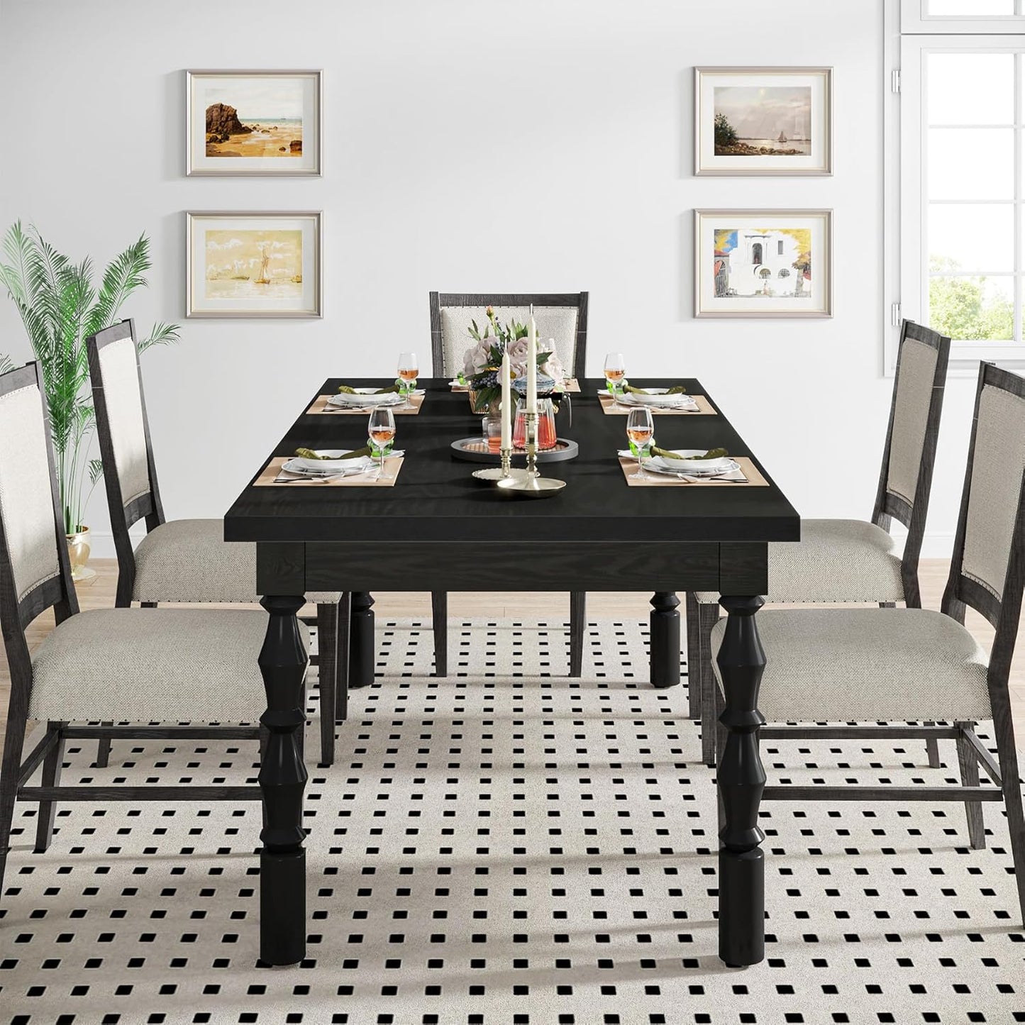 62” Wood Dining Table for 4-6 People, Farmhouse Large Rectangle Kitchen Table, Modern Dinner Table Kitchen & Dining Room Furniture with Carved Turned Legs