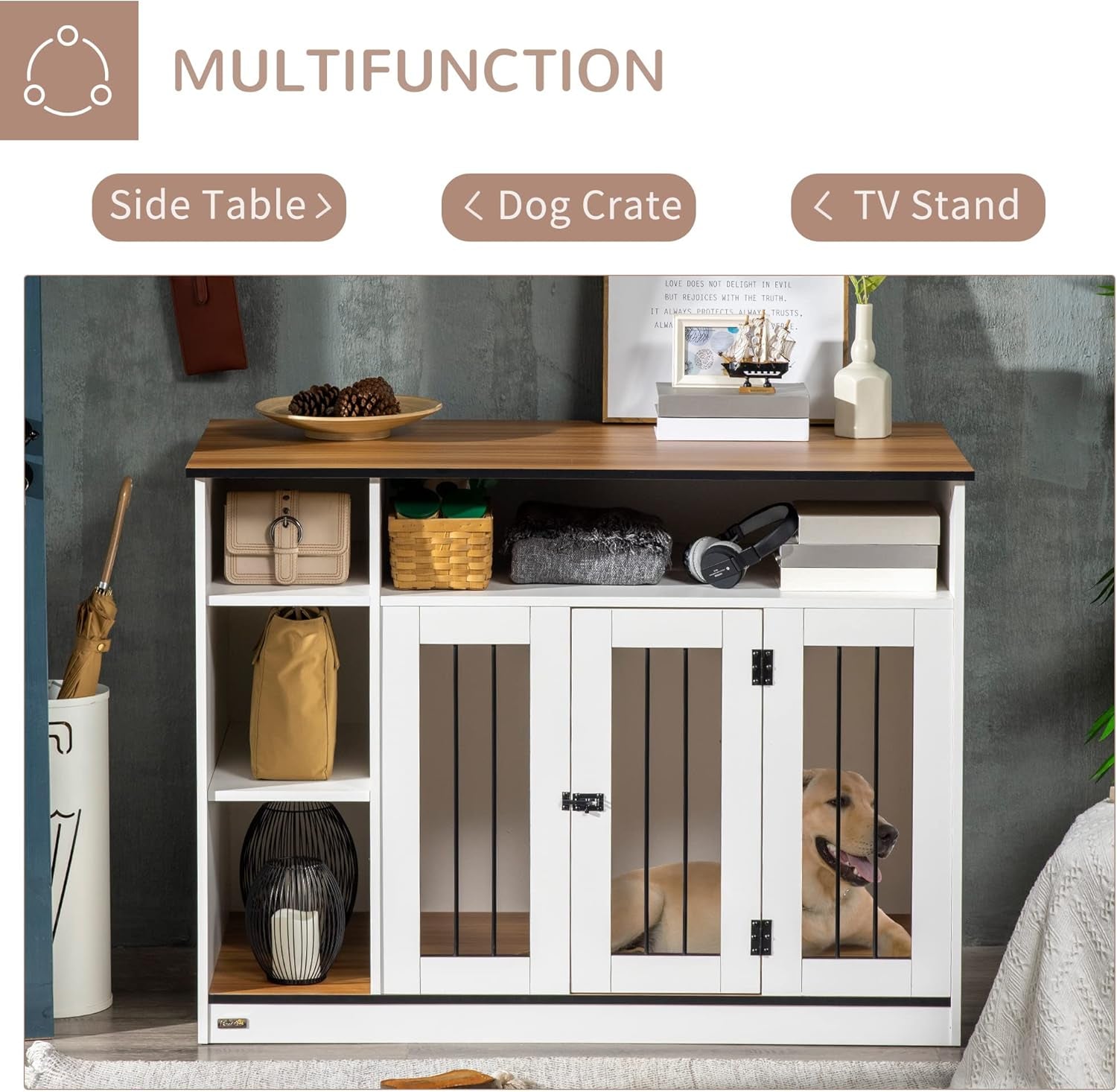 Dog Crate Furniture with Adjustable Shelf, Dog Crate End Table, Indoor Pet Crate for Medium and Large Dogs, with Large Flat Surface, 47" X 23.5" X 35", White