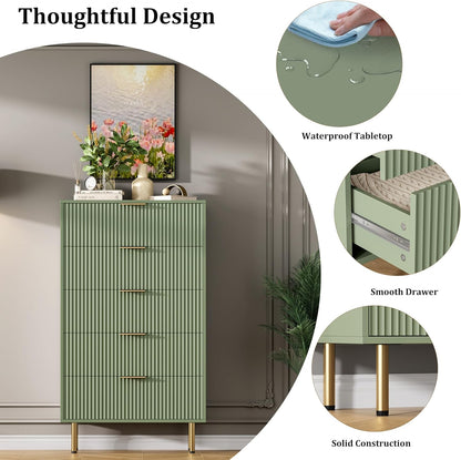 5 Drawers Dresser for Bedroom, Fluted Dresser Chest of Drawers with Handle, Wood Modern Dressers for Closet, Bedroom Furniture Storage Organizer for Living Room, Hallway