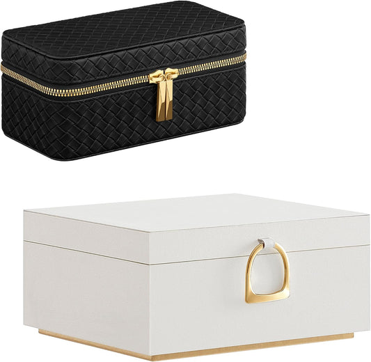 2-Layer Jewelry Box Bundle with Watch Case, Jewelry Organizer with Removable Tray, 3-Slot Watch Travel Box, Gift Idea, White and Ink Black UJBC165W01 and UJWB017B01