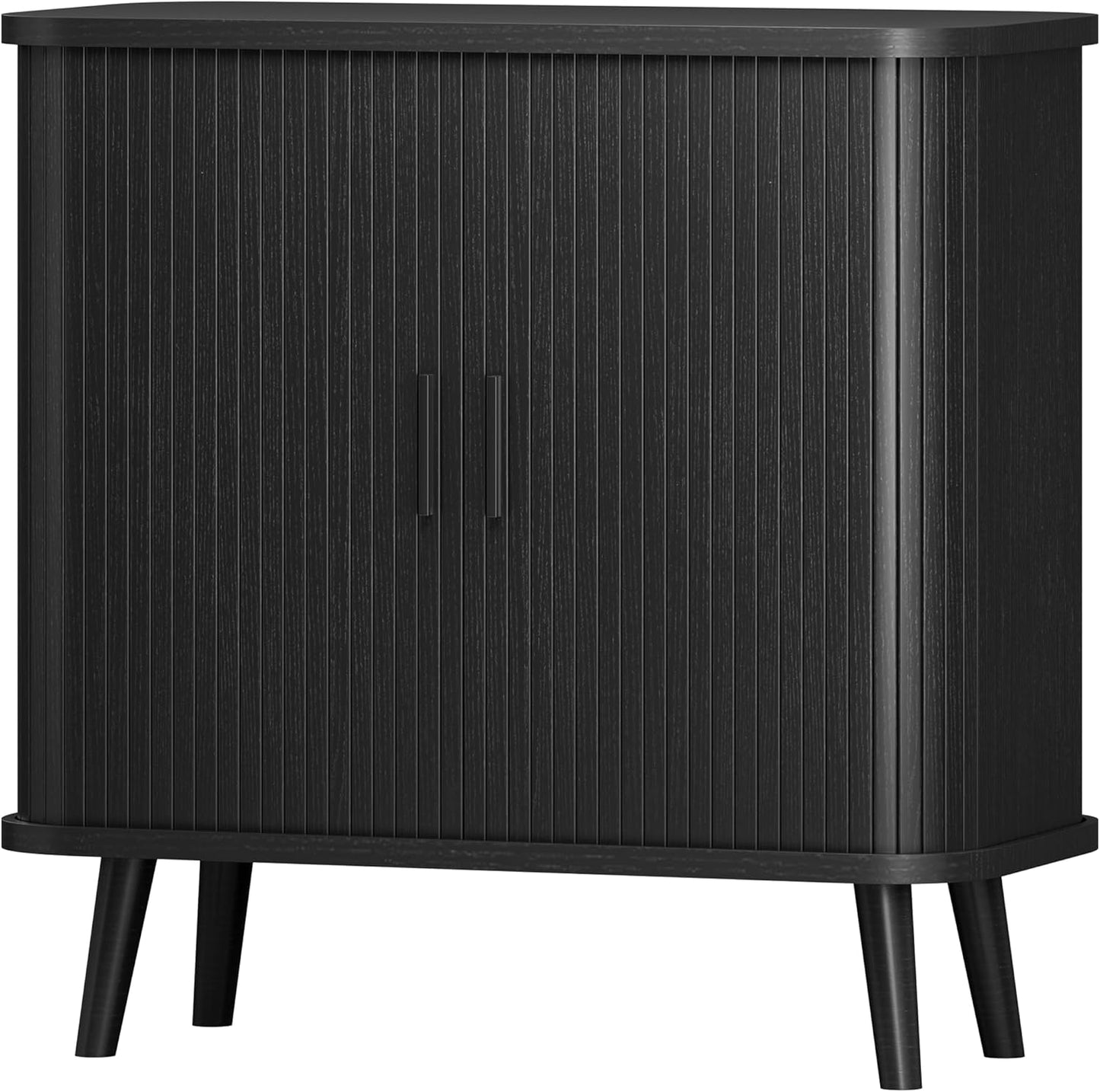 Sideboard Buffet Cabinet with Sliding Door, 31.5" Wide Fluted Modern Accent Storage Cabinet with Adjustable Shelves, Wood Coffee Bar Buffet Console Table for Kitchen, Dining Room, Living Room, Black