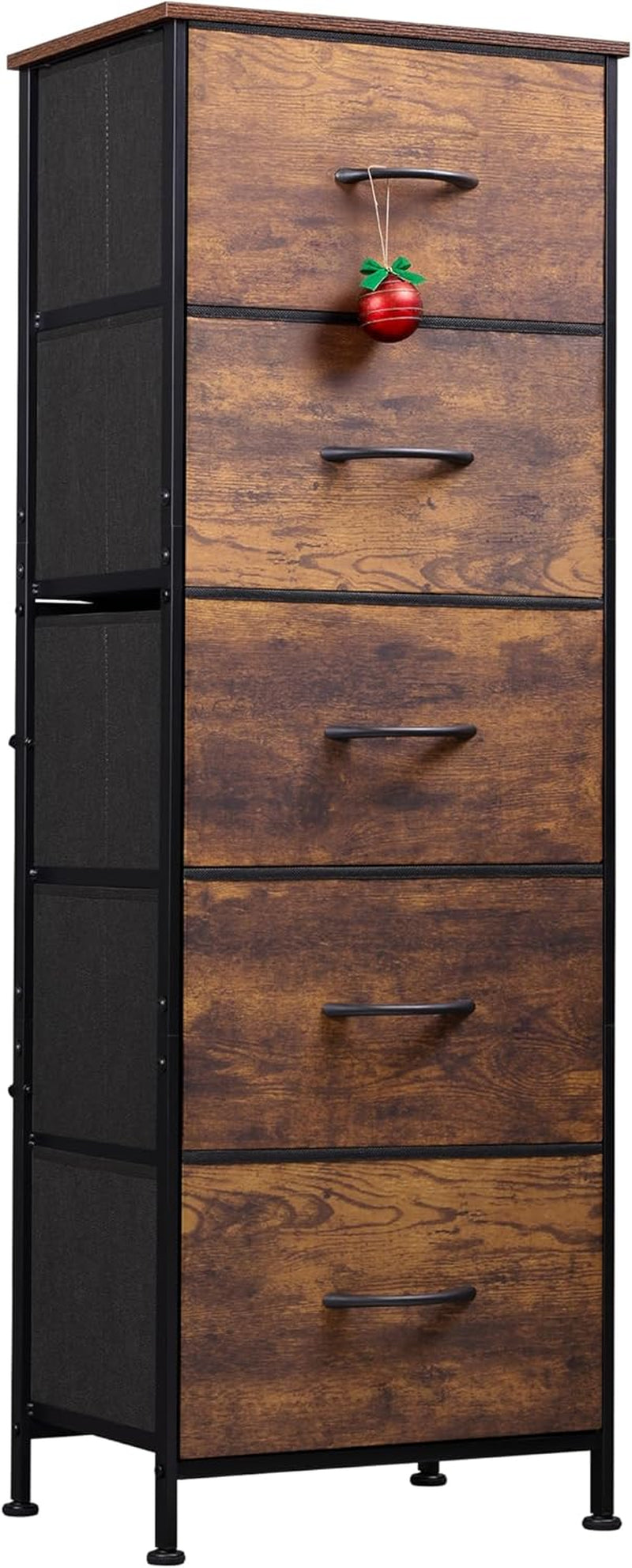 Fabric Dresser for Bedroom, 5-Drawer Tall Dressers, Storage Organizer with Fabric Bins, Wood Top, Sturdy Steel Frame, Chest of Drawers for Closet, Hallway, Rustic Brown Wood Grain Print