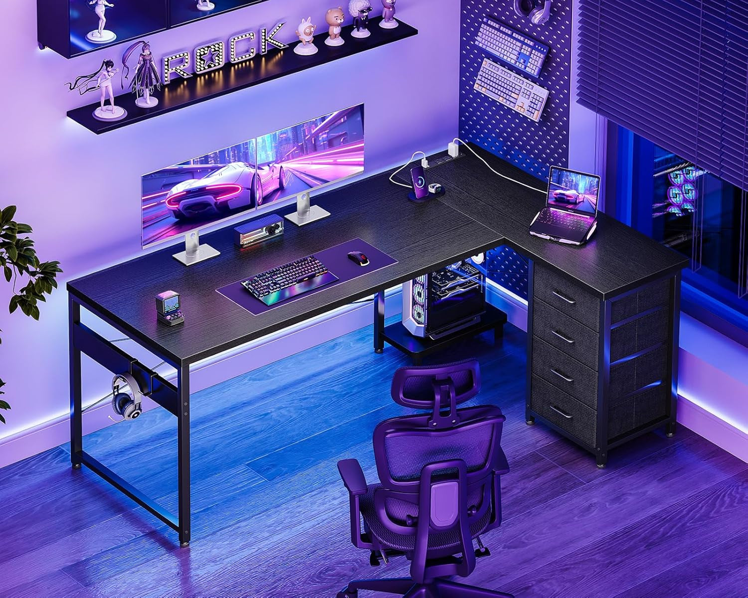 L Shaped Gaming Desk with 4 Drawers, 61" Reversible Home Office Desks with Power Outlets, L Shaped Computer Desk with USB Charging Port and Host Stand, Corner Desk, Easy to Assemble, Black