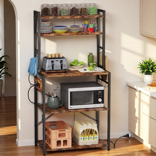 5 Tier Kitchen Bakers Rack with Power Outlet，25.2 Inch Metal Storage Shelf for Microwave, Coffee Bar, Spice Organizer, Freestanding Kitchen Cart with Hooks