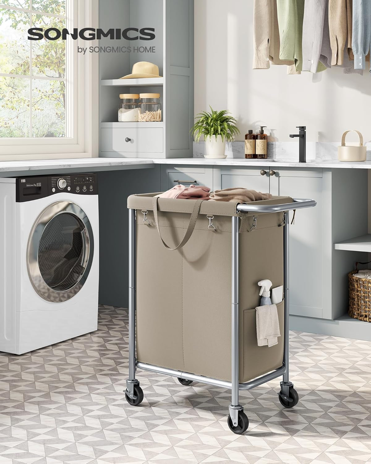 Laundry Basket with Wheels, 2-Section Rolling Laundry Hamper, 37 Gallons (140 L), Removable Liner, Steel Frame with Handle, 27.2 X 15.4 X 31.9 Inches, Camel Brown URLS004N01