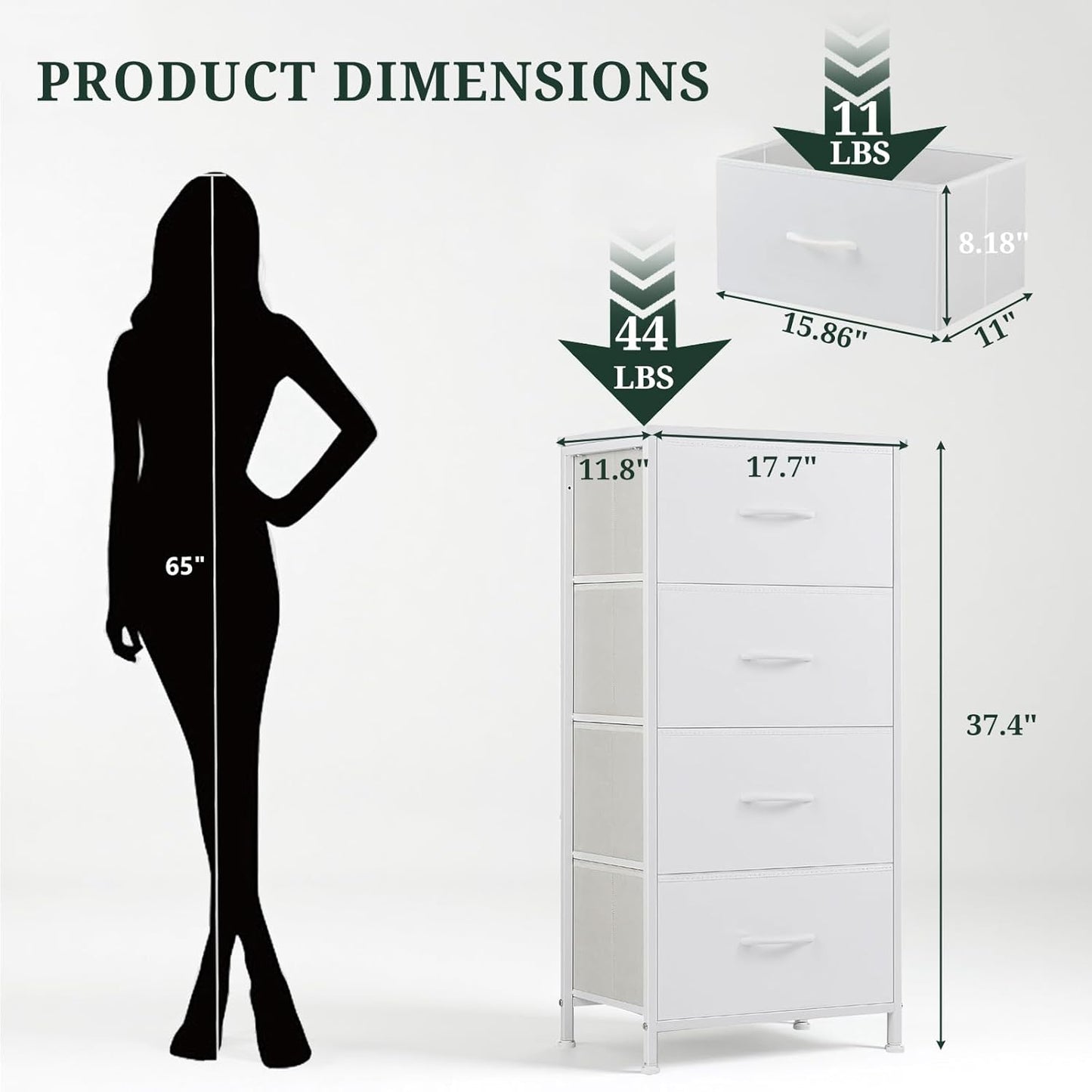 Nightstand, 4 Drawer Dresser End Table Bedside Furniture with Wooden Top Steel Frame Fabric Bins for Bedroom, Closet, Entryway, Dorm, Living Room, White