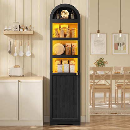 72" Tall Arched Narrow Bathroom Storage Cabinet with Lights, Slim Storage Cabinet with Adjustable Shelves for Small Spaces, Farmhouse Style (Oak)