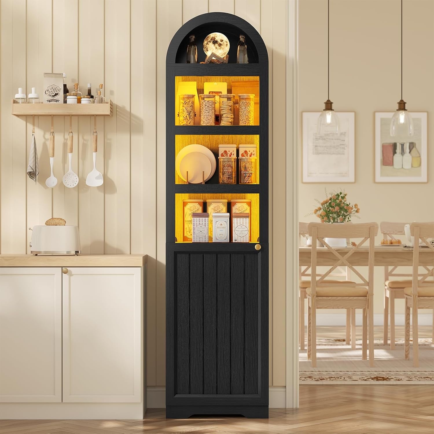 72" Tall Arched Narrow Bathroom Storage Cabinet with Lights, Slim Storage Cabinet with Adjustable Shelves for Small Spaces, Farmhouse Style (Black)