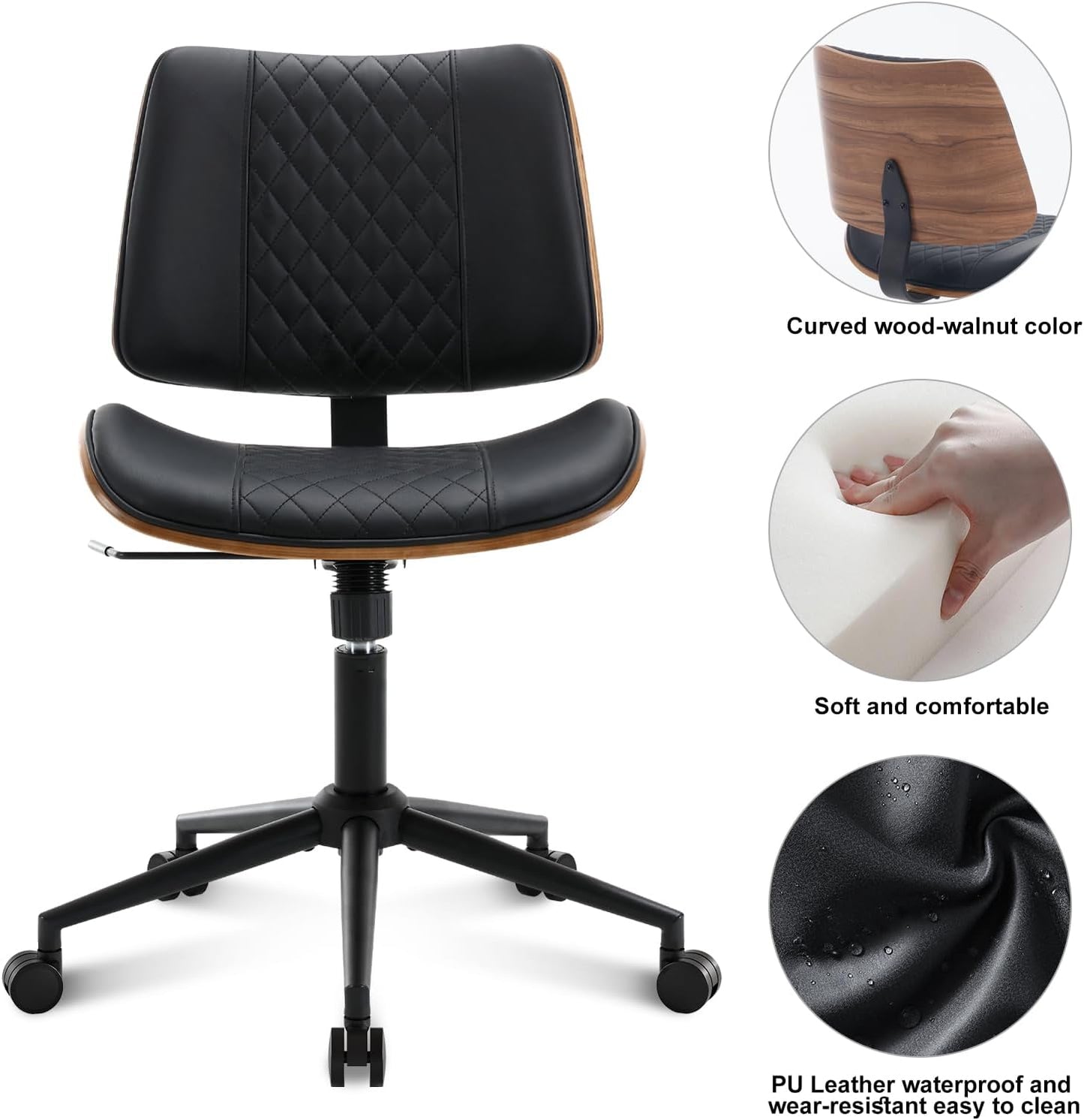 BV Small Desk Chair, Mid Century Office Chair with Bentwood Back, Armless Task Swivel Chair with Wheels, Mid Back No Arms, Faux Leather Office Chairs for Small Space, Black