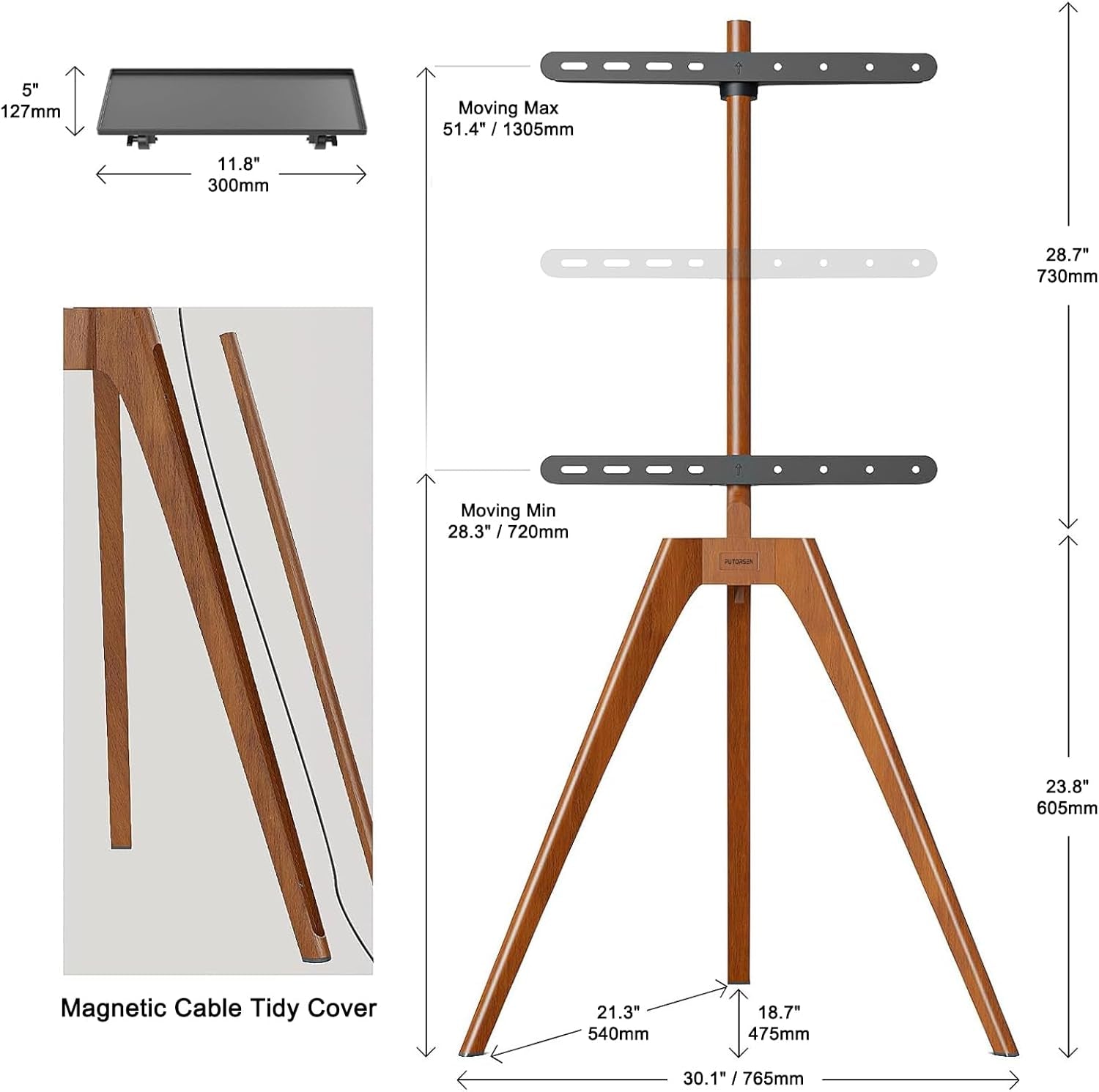 Premium Wood Easel TV Stand, Adjustable TV Tripod Stand for 45-65 Inch LED LCD Screen, with Top TV Shelf and Magnetic Concealed Cable Management, Max Load 88Lbs, Walnut
