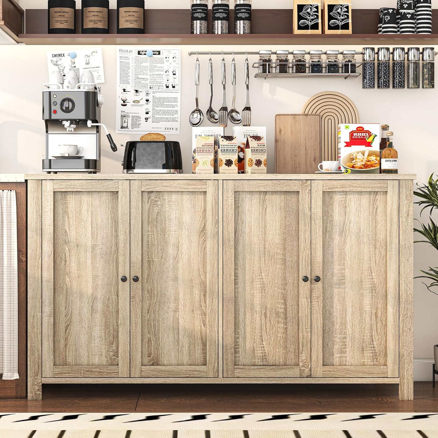 Buffet Cabinet with Storage Farmhouse Buffet Sideboard with 4 Doors, 55'' Large Kitchen Storage Cabinet Wood Coffee Bar Buffet Table for Kitchen, Dining Room, Entryway