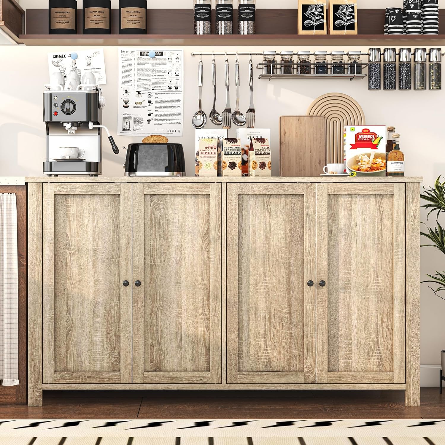 Buffet Cabinet with Storage Farmhouse Buffet Sideboard with 4 Doors, 55'' Large Kitchen Storage Cabinet Wood Coffee Bar Buffet Table for Kitchen, Dining Room, Entryway