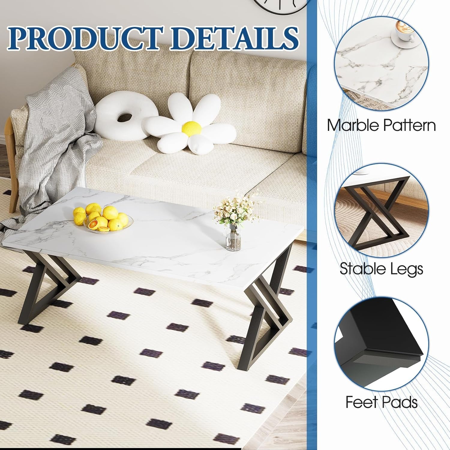Coffee Table White Living Room Center Table, Simple Modern Faux Marble Rectangular Tea Table with Sturdy Black Metal Frame,Industrial Wooden Coffee Table for Bedroom Home Office