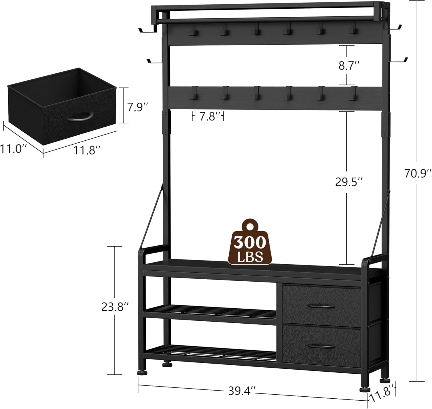 Hall Tree with Bench and Shoe Storage, 39.4” Entryway Bench with Coat Rack Freestanding, 5 in 1 Entryway Furniture Organizer Large Coat and Shoe Rack with 21 Hooks and Drawers, Black