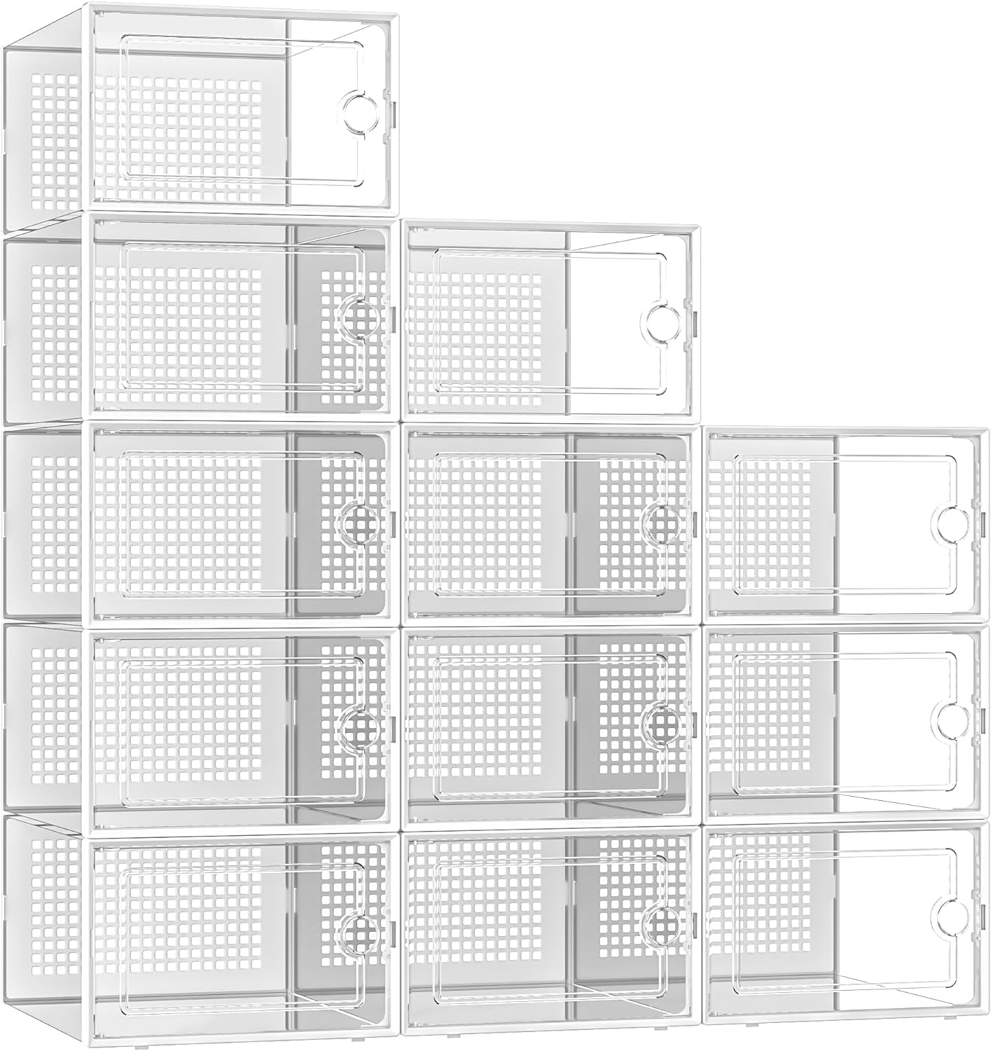X-Large Shoe Storage Boxes Organizers Clear Plastic Stackable 12 Pack, Shoe Rack & Holder Substitute, Sneaker Containers, Toy Storage Organizer Bins for Entryway, Closet, under Bed, White