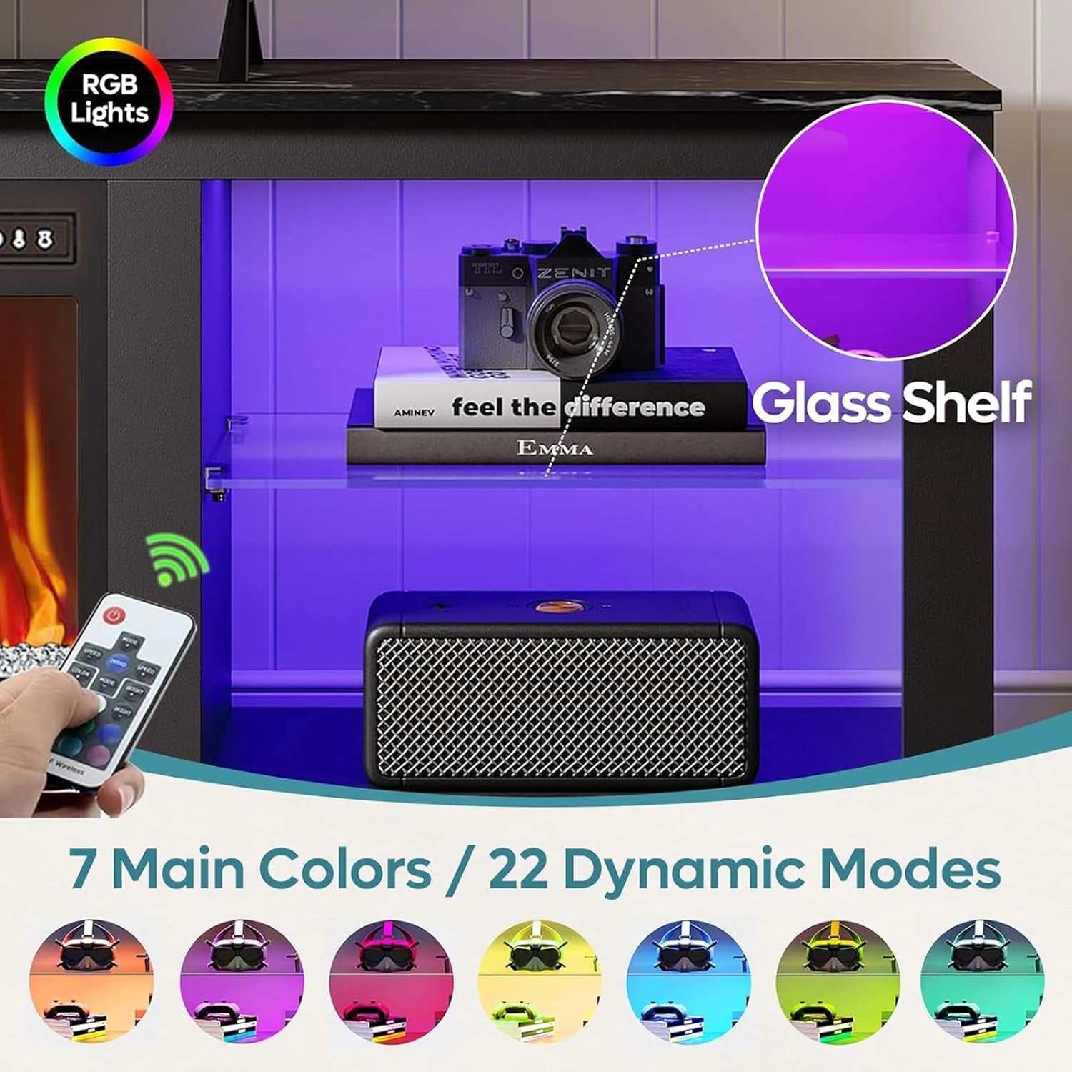 70 Inch Fireplace TV Stand for TV up to 75", LED Entertainment Center with 23" Electric Fireplace Media Console Table for Living Room with Glass Shelves, Black Marble