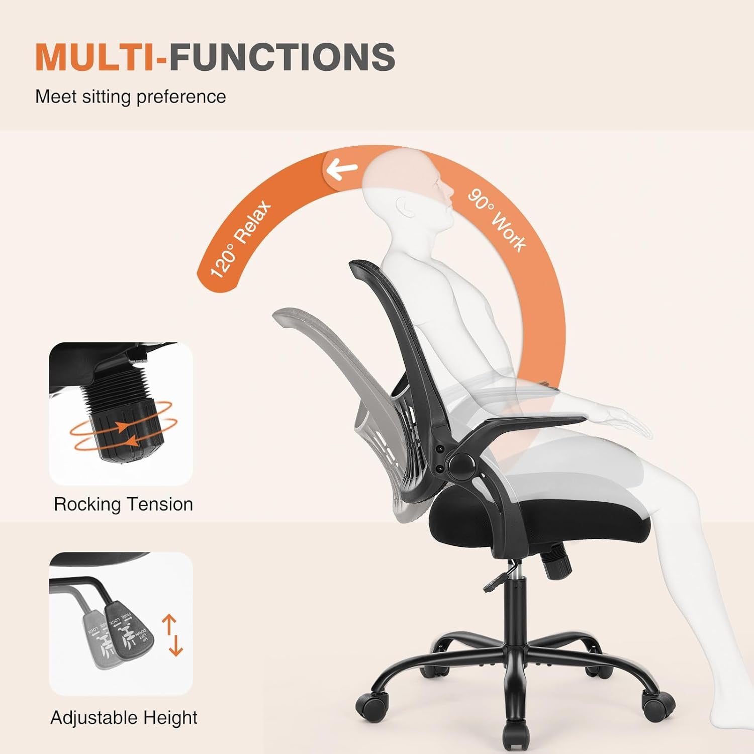 Office Computer Desk Chair, Ergonomic Mid-Back Mesh Rolling Work Swivel Task Chairs with Wheels, Comfortable Lumbar Support, Comfy Flip-Up Arms for Home, Bedroom, Study, Student, Black