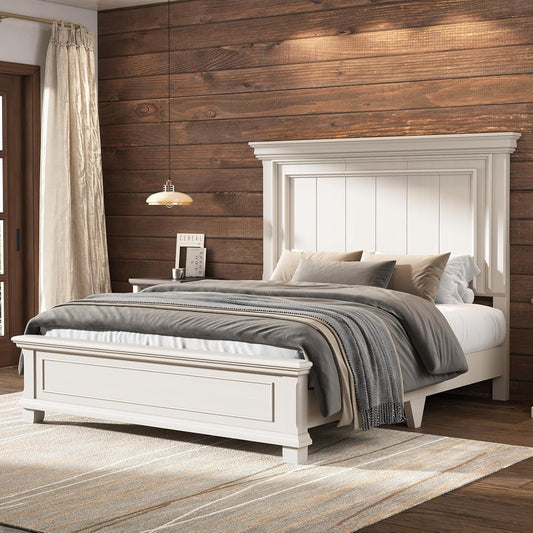 Queen Size Solid Wood Bed Frame, Farmhouse Platform Bed with Headboard and Footboard, Rustic Bed Base with 12 Wood Slats Support, No Box Spring Needed, Distressed White