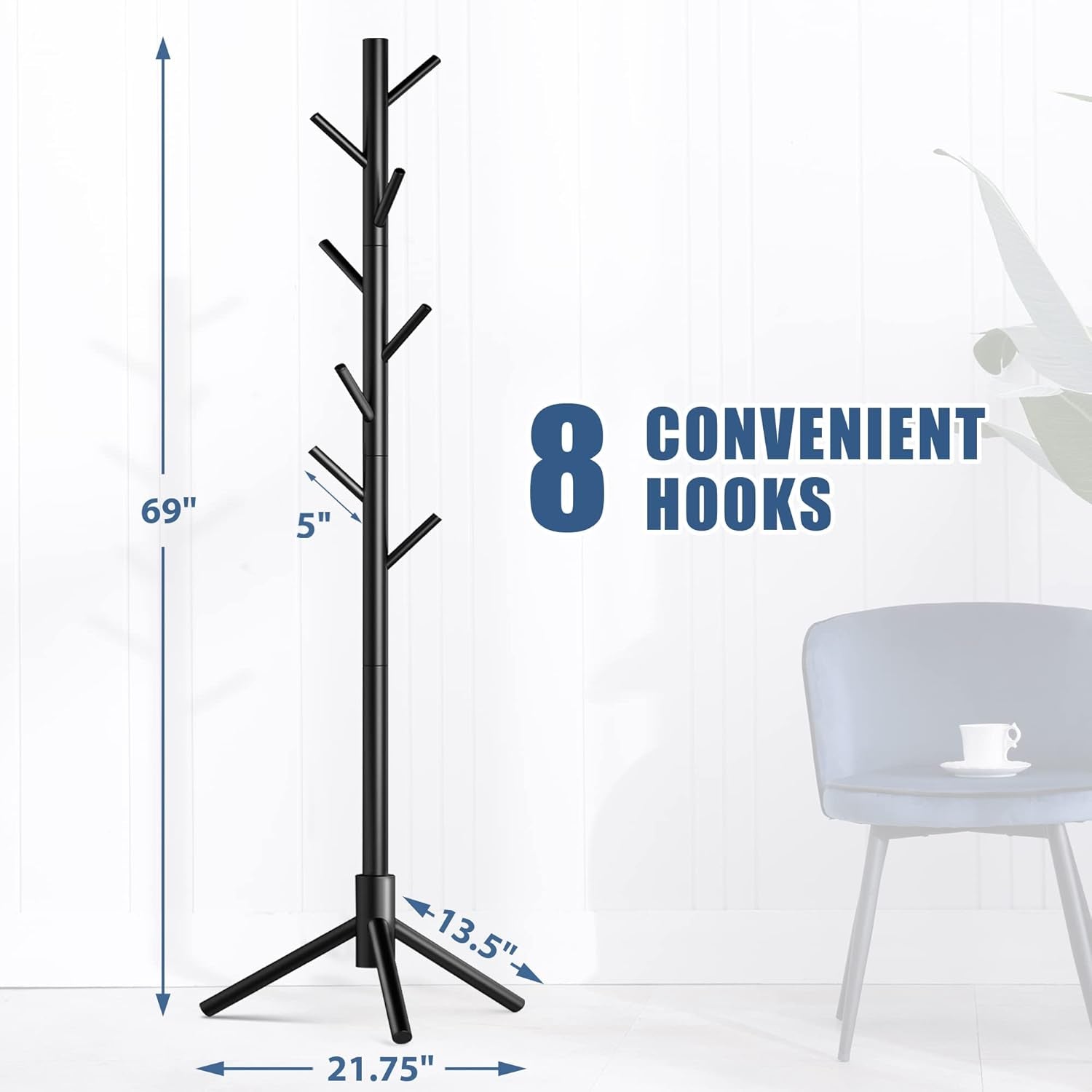 Wooden Coat Rack Stand with 8 Hooks New Zealand Pine 3 Adjustable Coat Standing Tree Easy Assembly for Coats, Hats, Scarves and Handbags for Entryway, Hallway, Bedroom, Office