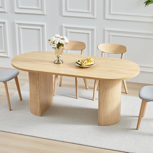 70.8 Inch Dining Table for 4-6 People, Oval Kitchen Table with Semi-Cylindrical Legs Base, Modern Farmhouse round Dinner Tables for Dining Room Kitchen Living Room (Natural)