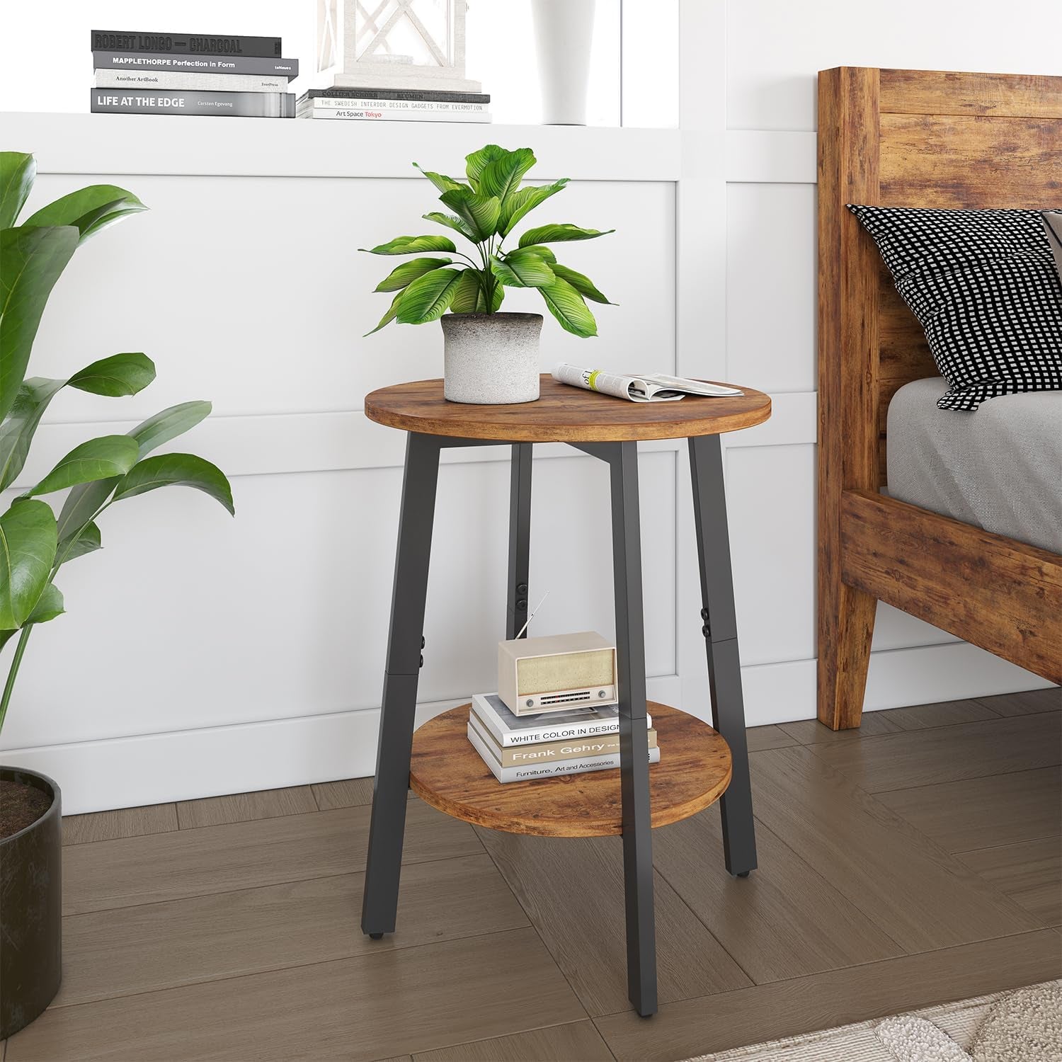 Side Table Set of 2, Small round End Table with Storage Shelf for Small Space, 2-Tier Bedside Table Sofa Couch Table, Nighstands Set of 2 Accent Table for Living Room, Bedroom, Rustic Brown