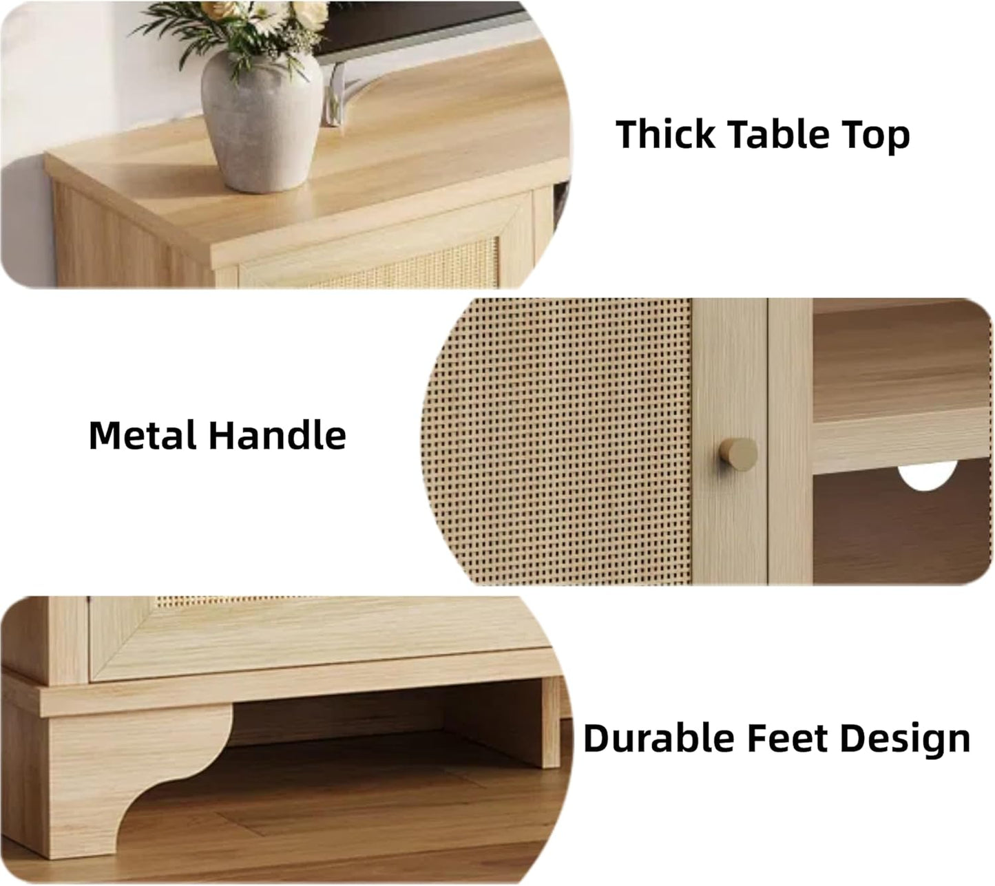 Rattan TV Stand for Living Room, Boho Entertainment Center for 55, 65, 70 Inch TV, Wooden Console Cabinet with Storage and Shelf, Natural Oak